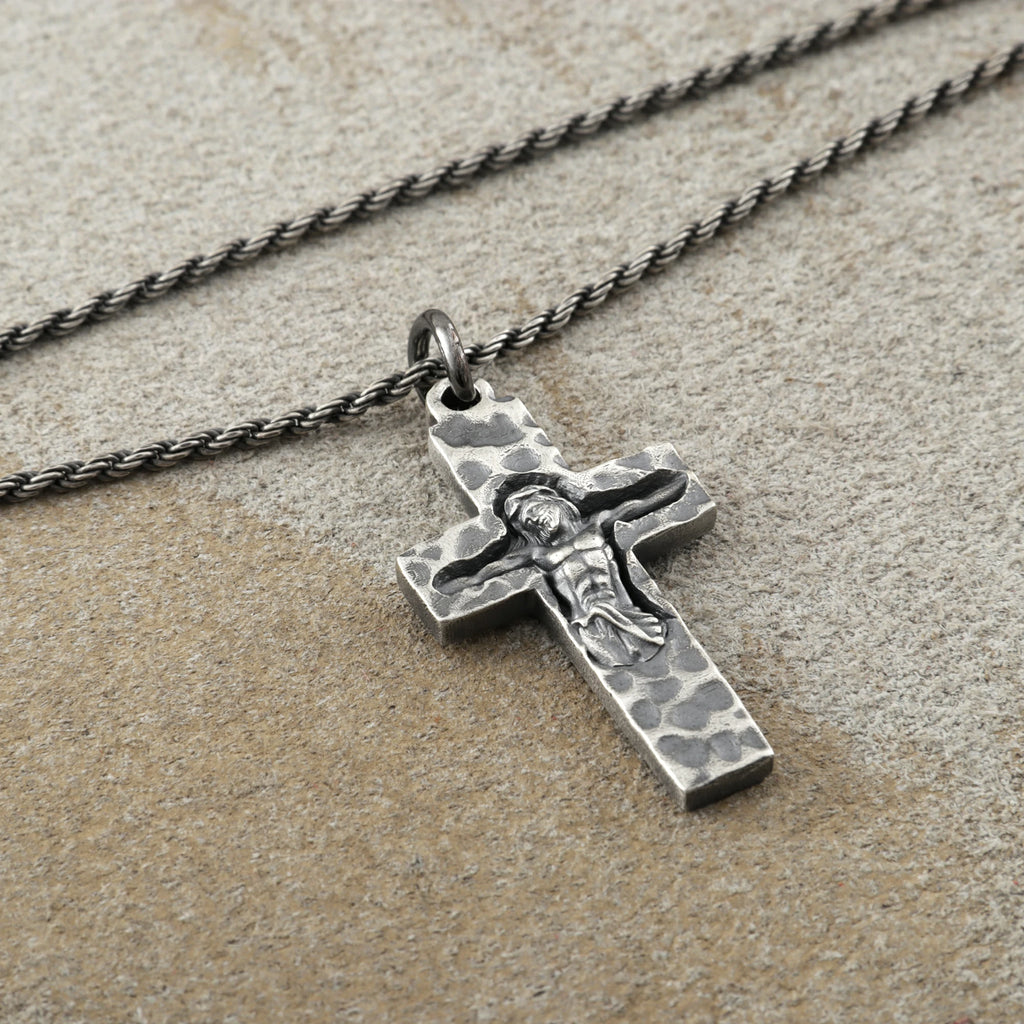 Rock of Ages Sunken Crucifix, Heavy Hammered 925 Sterling Silver Faith Necklace