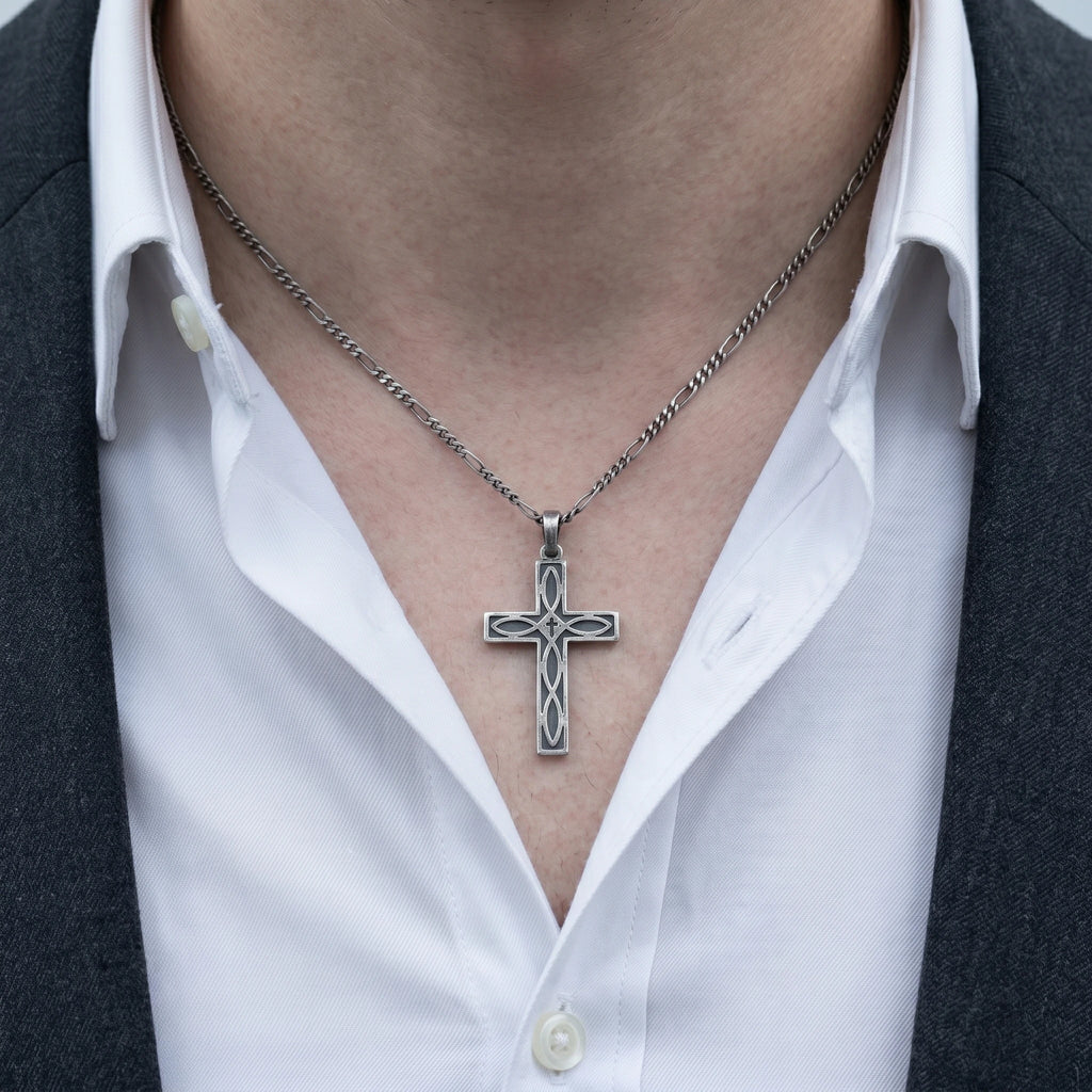 Eternal Covenant Celtic Cross, Oxidized 925 Sterling Silver Devotional Figaro Necklace