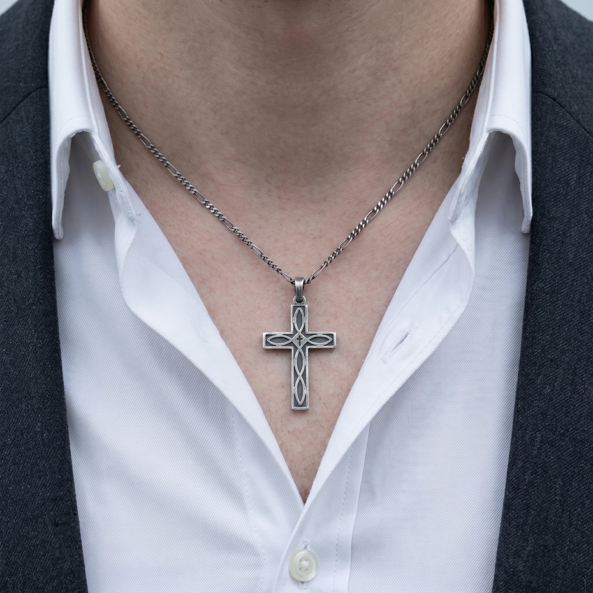 Eternal Covenant Celtic Cross, Oxidized 925 Sterling Silver Devotional Figaro Necklace