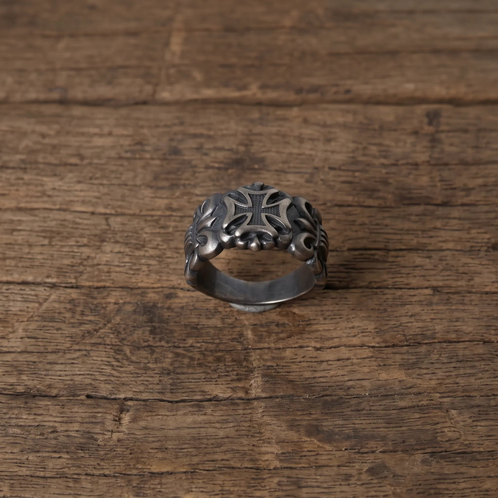 925 Sterling Silver Fleur de Lis Gothic Band, Personalized Biker Promise Ring, Religious Gift for Him