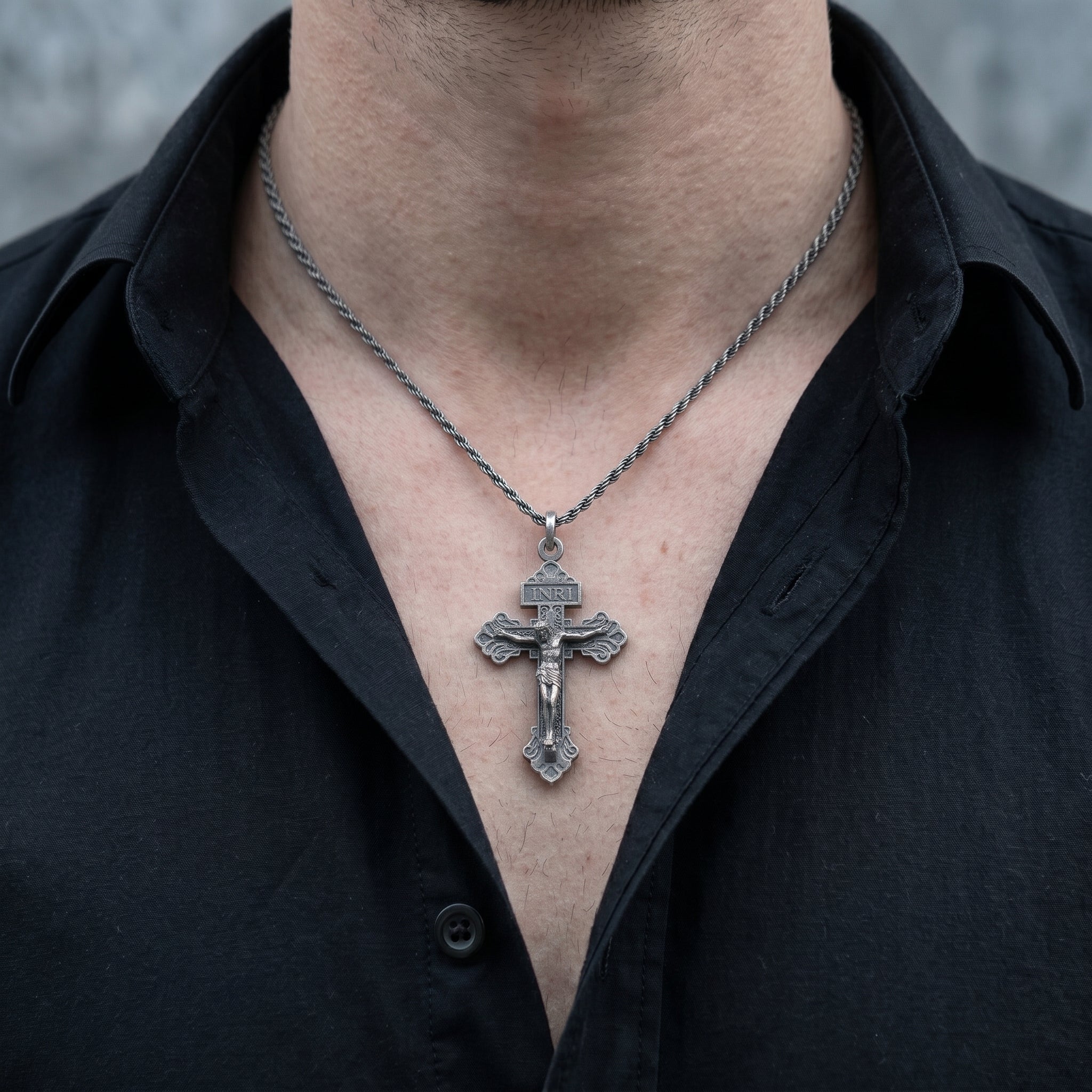 Divine Redemption INRI Crucifix, Solid 925 Sterling Silver Baroque Faith Necklace