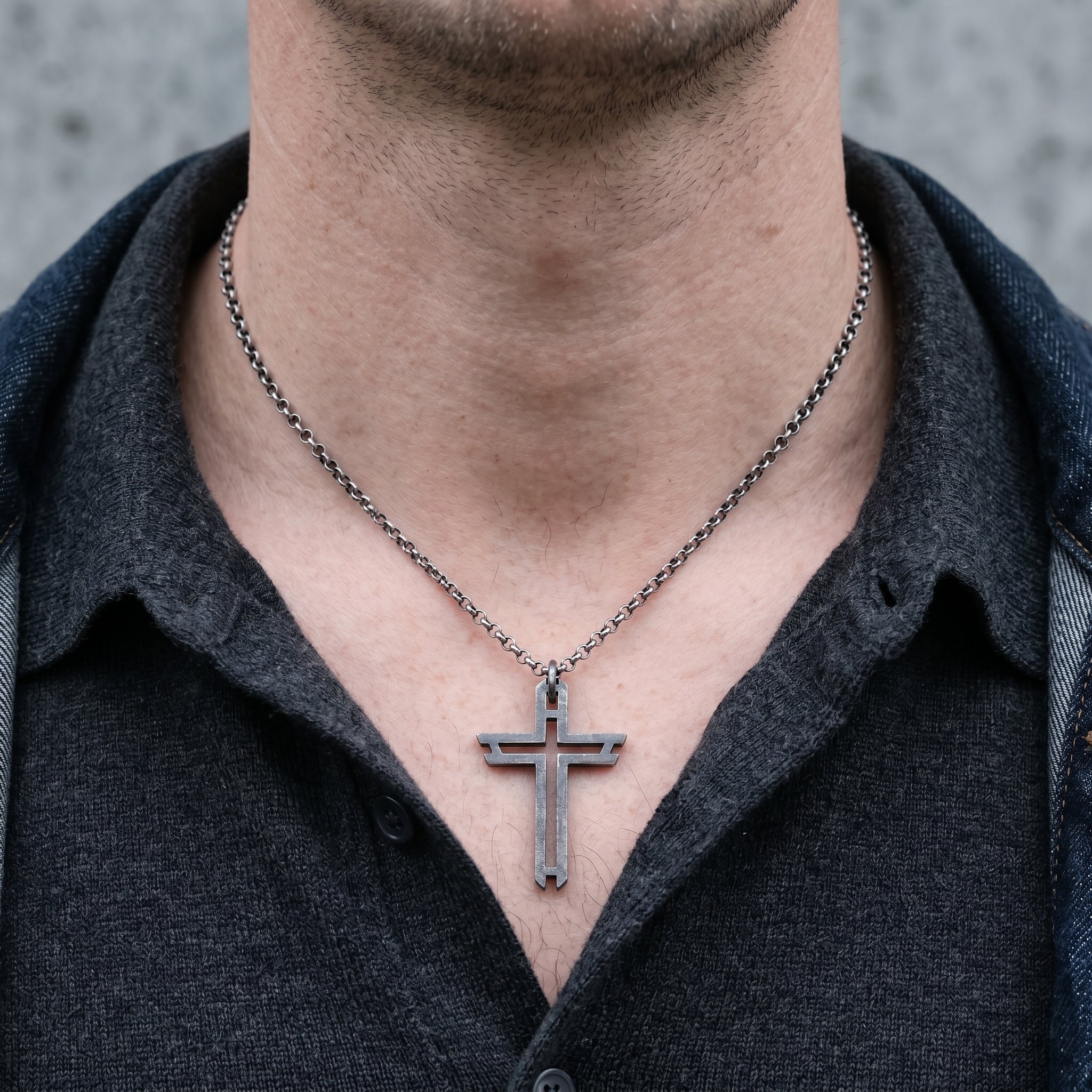 Sacred Path Hollow Cross Pendant, Oxidized 925 Sterling Silver Vintage Faith Amulet Necklace