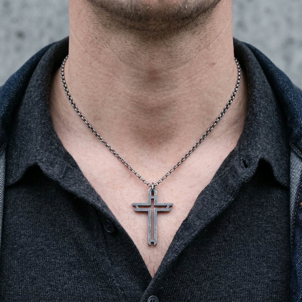 Sacred Path Hollow Cross Pendant, Oxidized 925 Sterling Silver Vintage Faith Amulet Necklace