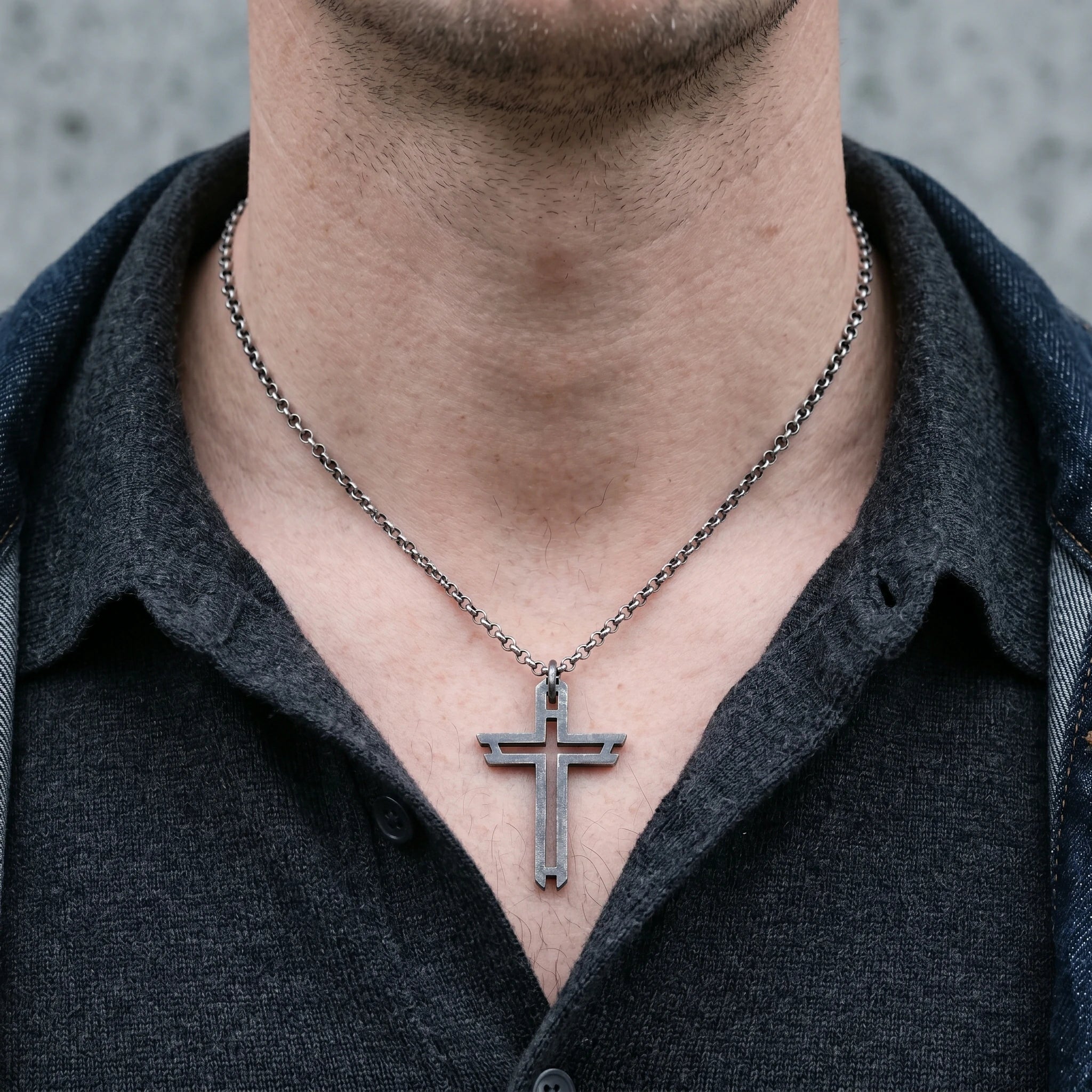 Sacred Path Hollow Cross Pendant, Oxidized 925 Sterling Silver Vintage Faith Amulet Necklace