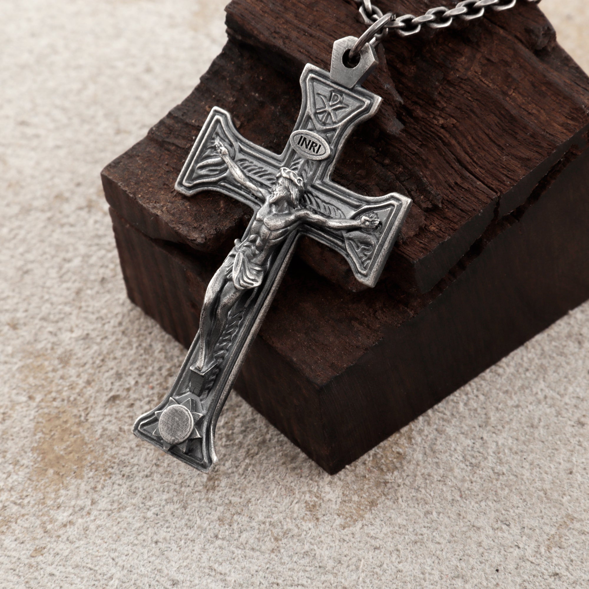 Sacred Chi-Rho Crucifix Pendant, Engravable 925 Sterling Silver Holy Christ Faith Cross