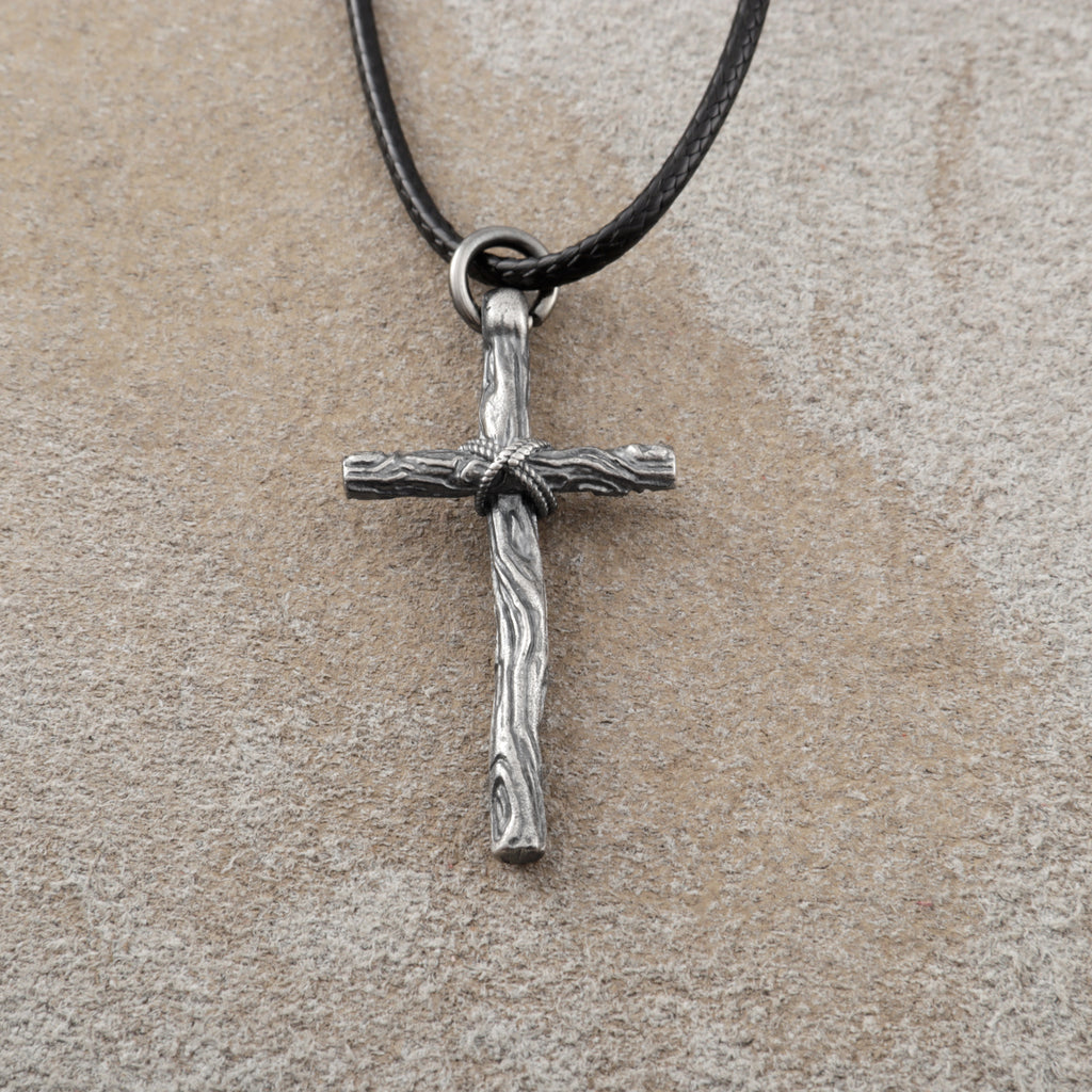 Living Branch Sacred Wood Cross , Textured 925 Sterling Silver Faith Necklace