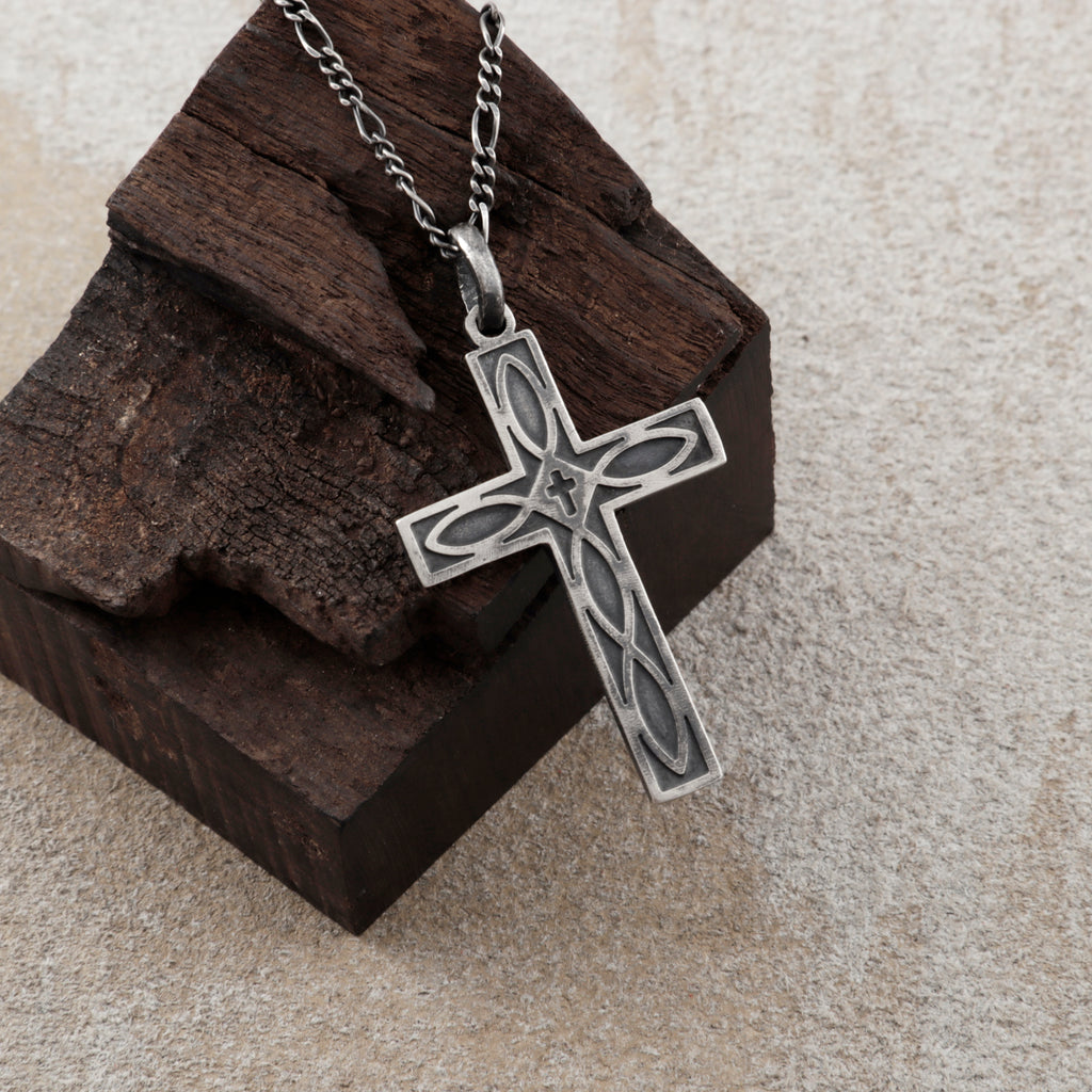 Eternal Covenant Celtic Cross, Oxidized 925 Sterling Silver Devotional Figaro Necklace