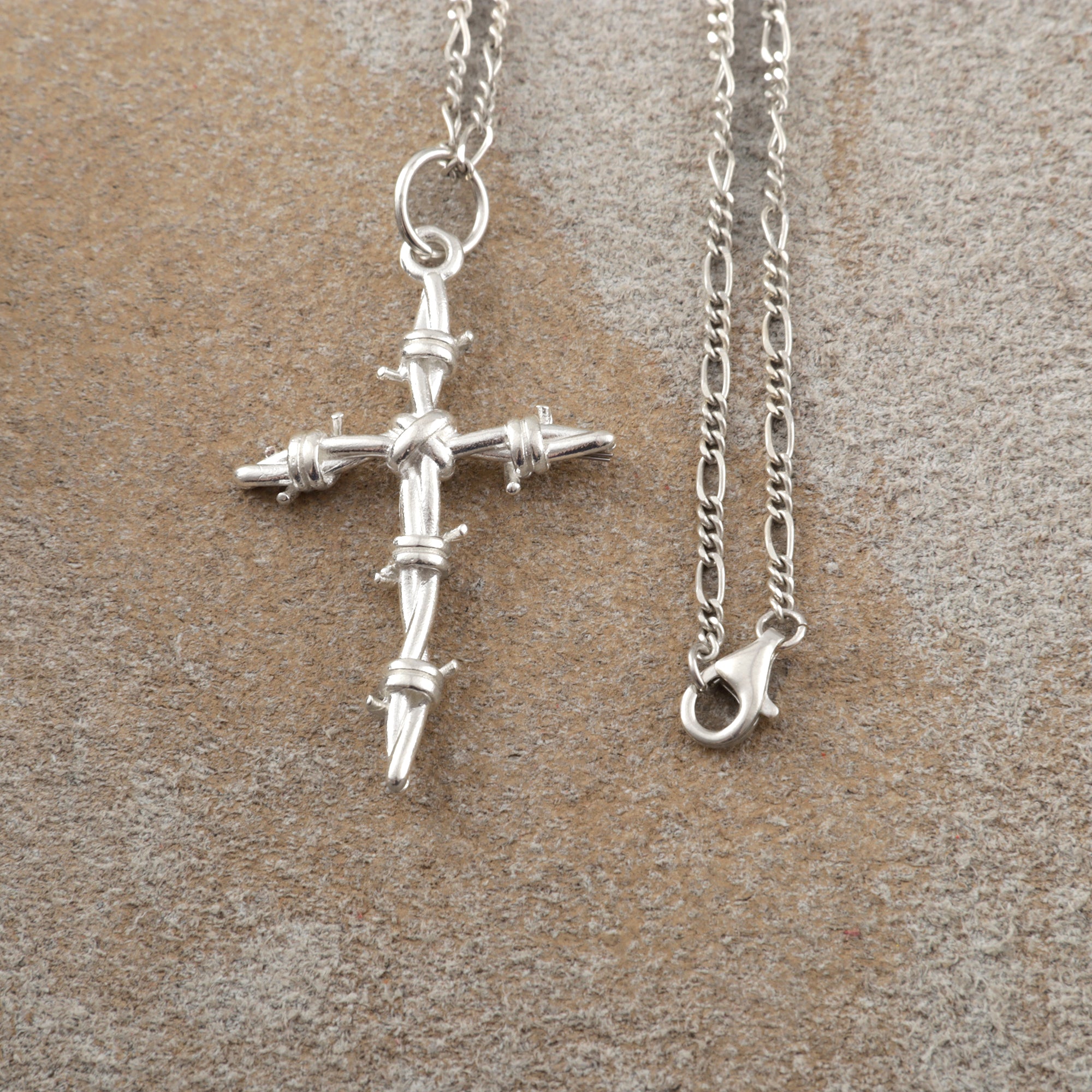 Sacred Thorns Crown Cross, Solid 925 Sterling Silver Devotional Figaro Necklace