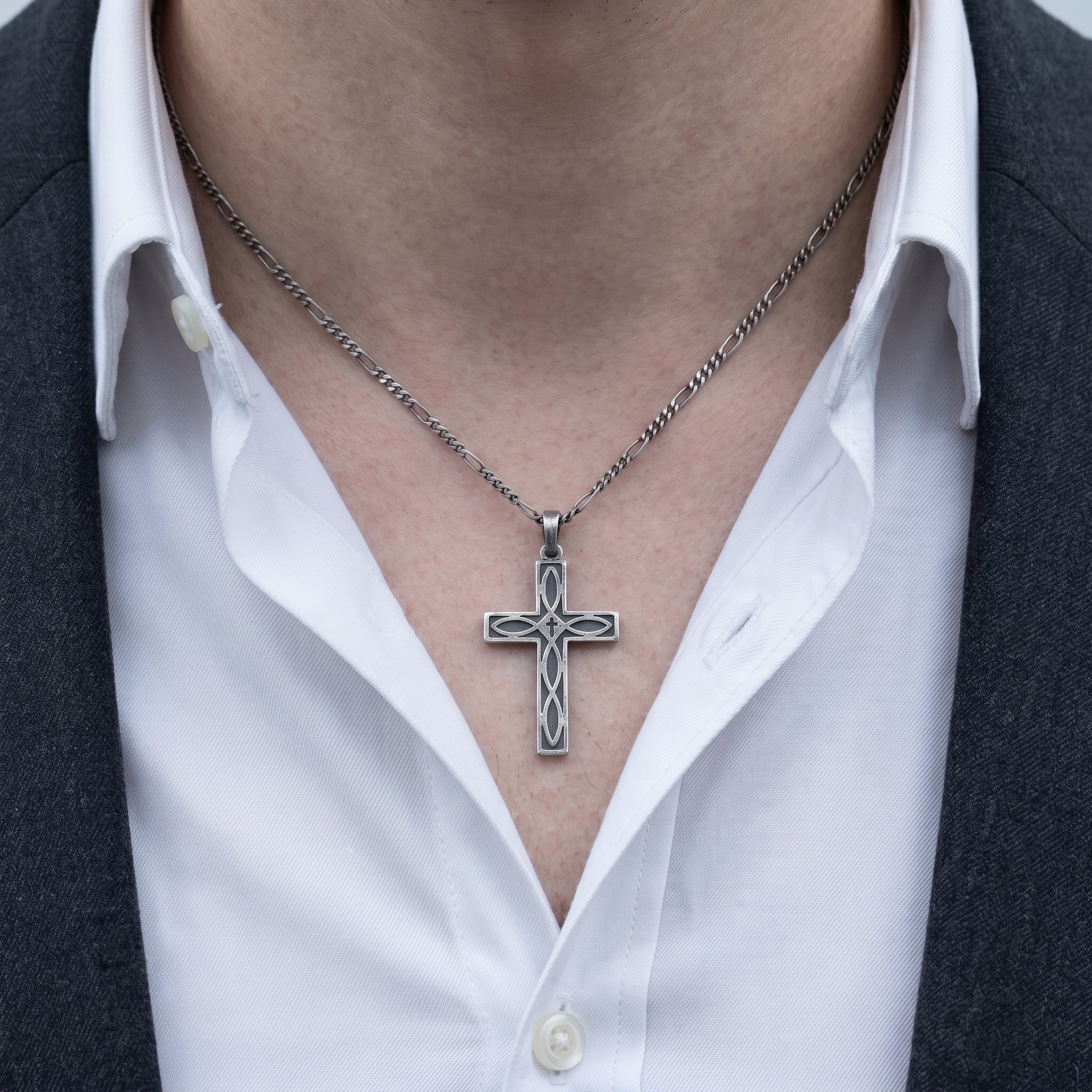 Eternal Covenant Celtic Cross, Oxidized 925 Sterling Silver Devotional Figaro Necklace