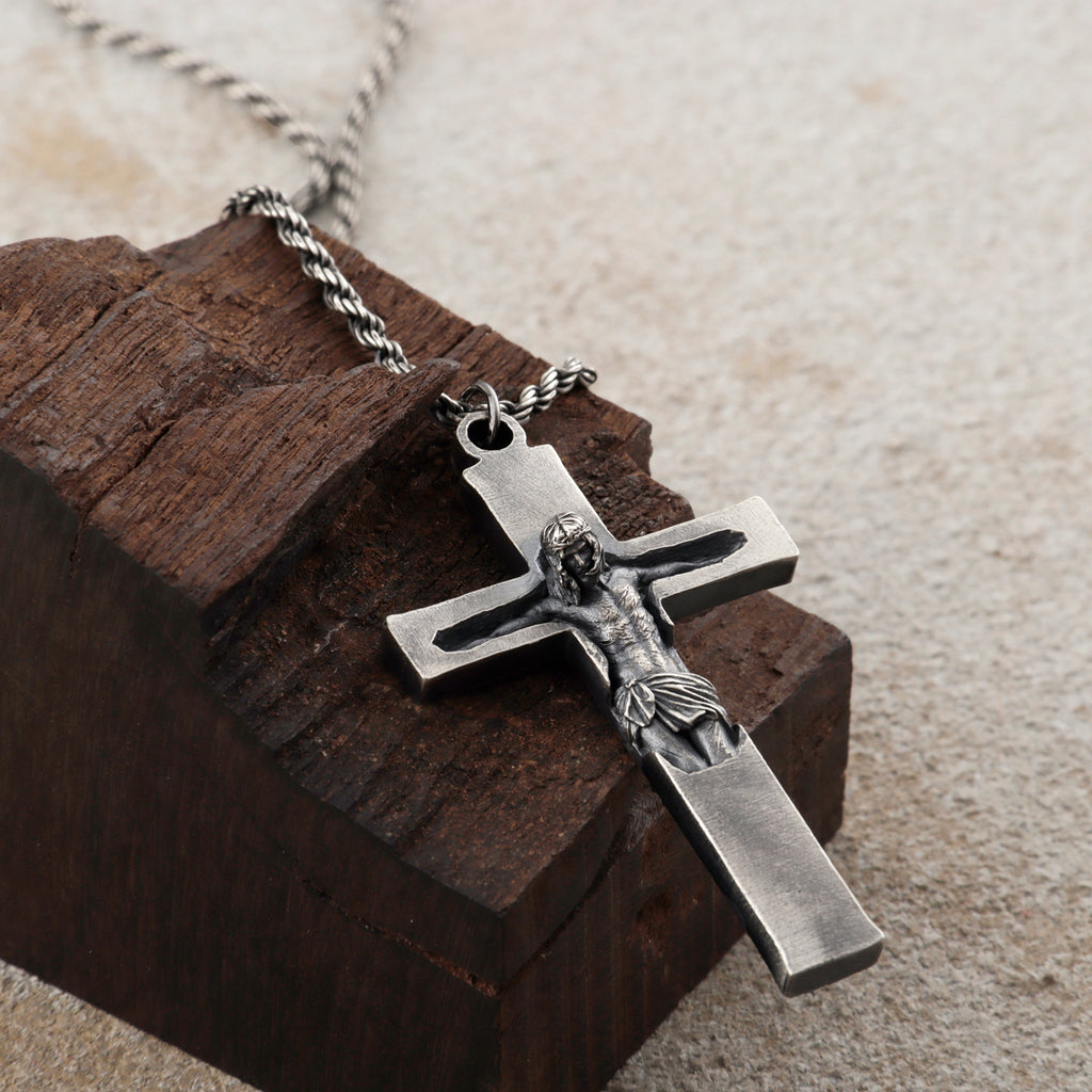 Divine Redemption Sunken Crucifix, Heavy Oxidized 925 Sterling Silver Talisman