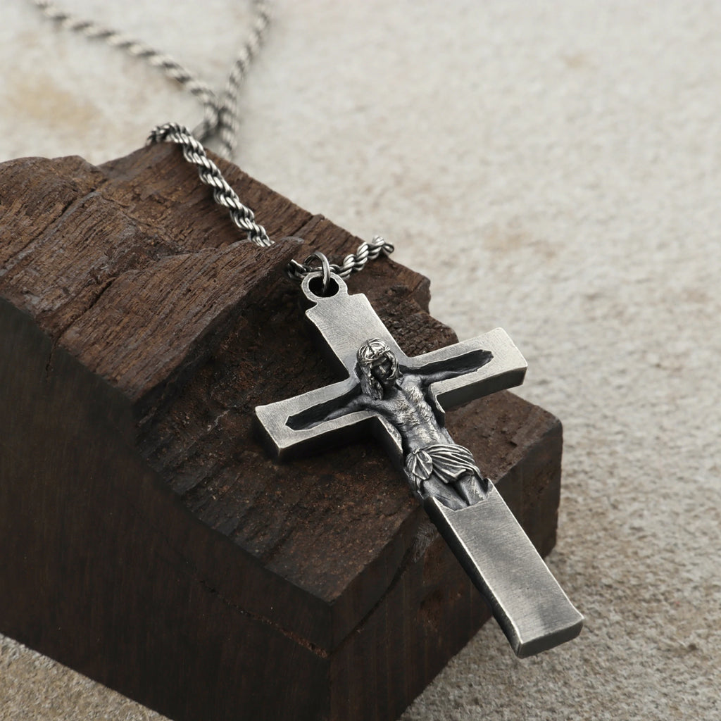Divine Redemption Sunken Crucifix, Heavy Oxidized 925 Sterling Silver Talisman