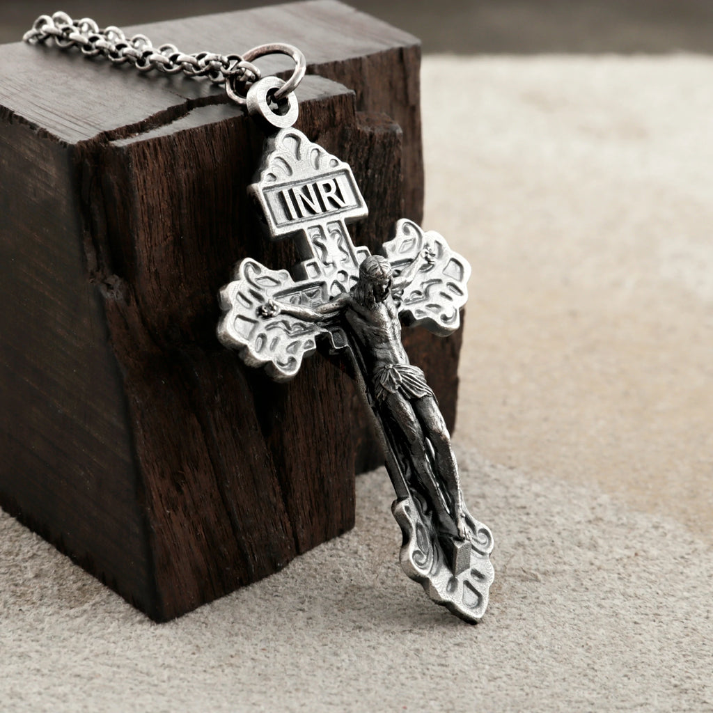 Sacred INRI Jesus Crucifix Pendant, Engravable Solid 925 Sterling Silver Holy Christian Faith Cross