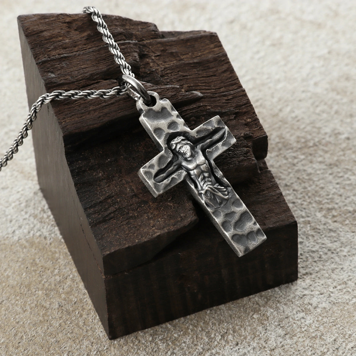 Rock of Ages Sunken Crucifix, Heavy Hammered 925 Sterling Silver Faith Necklace