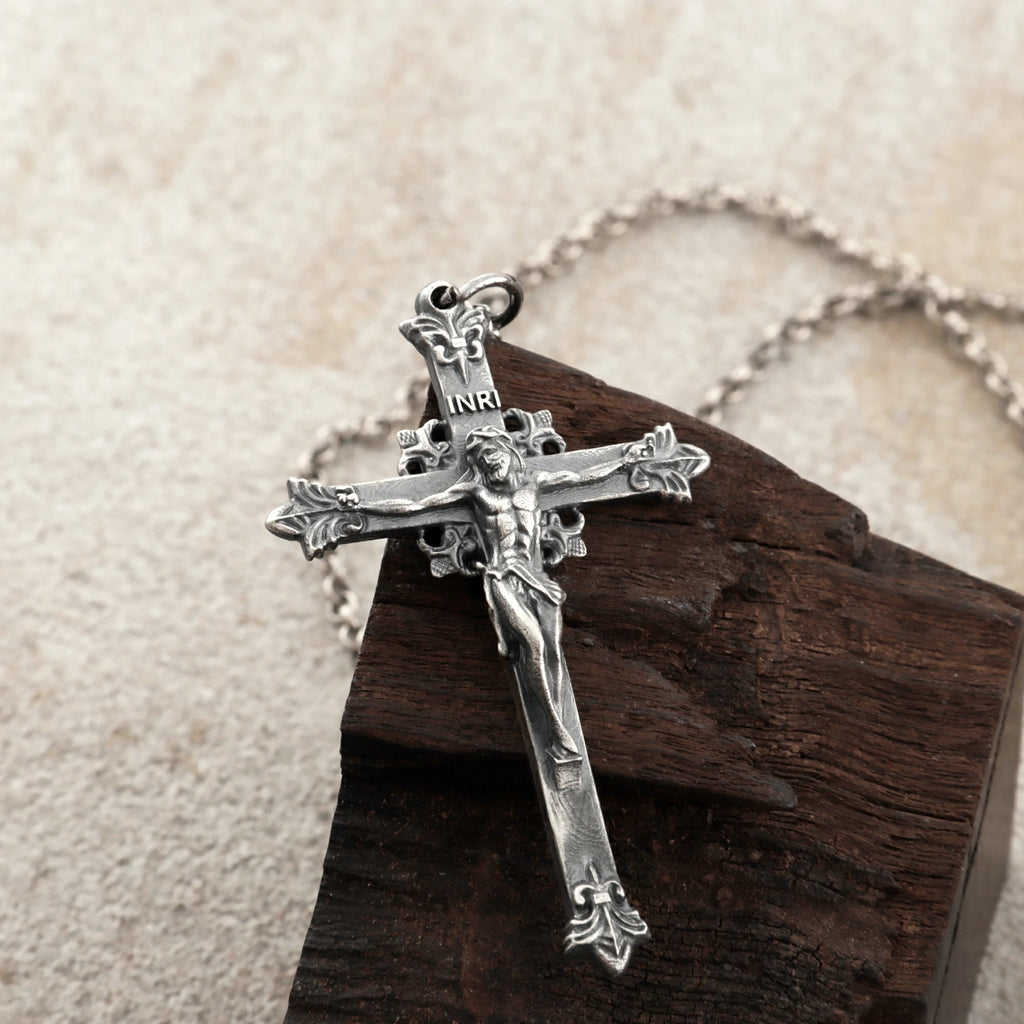 Sacred Double-Sided Crucifix Pendant, Solid 925 Sterling Silver Holy Mary Faith Cross