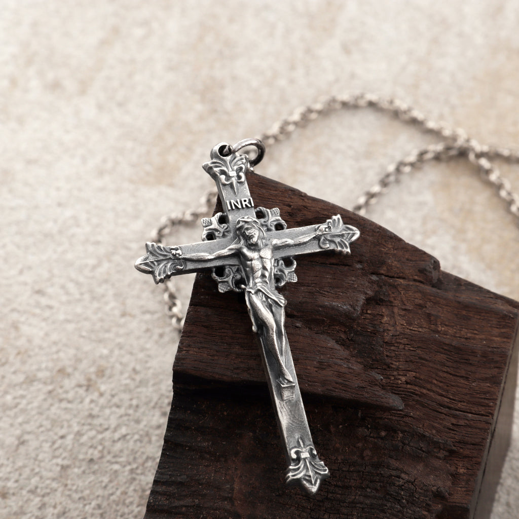 Sacred Double-Sided Crucifix Pendant, Solid 925 Sterling Silver Holy Mary Faith Cross