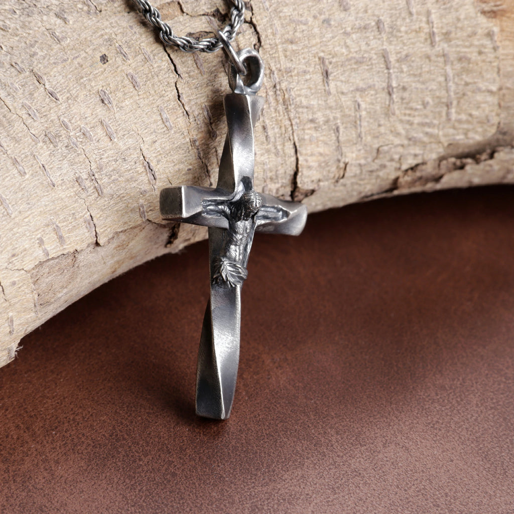 925 Sterling Silver Twisted Crucifix Pendant for Sacred Blessing & Divine Faith