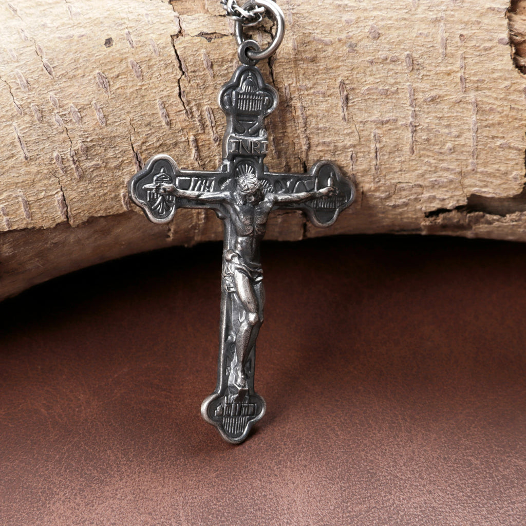 Engraved 925 Silver Crucifix Necklace, Faith & Strength Christian Gift for Men