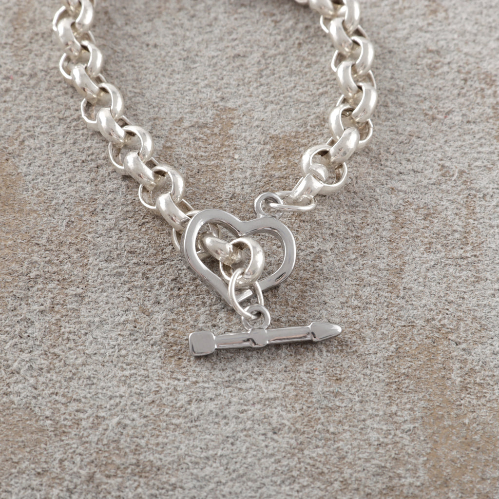 925 Sterling Silver Cupid's Arrow Heart Toggle Clasp Rolo Chain Bracelet
