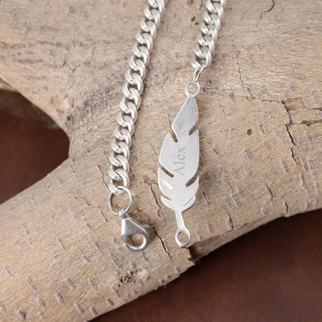 925 Sterling Silver Feather Curb Chain Bracelet With Custom Engravable Clasp Back
