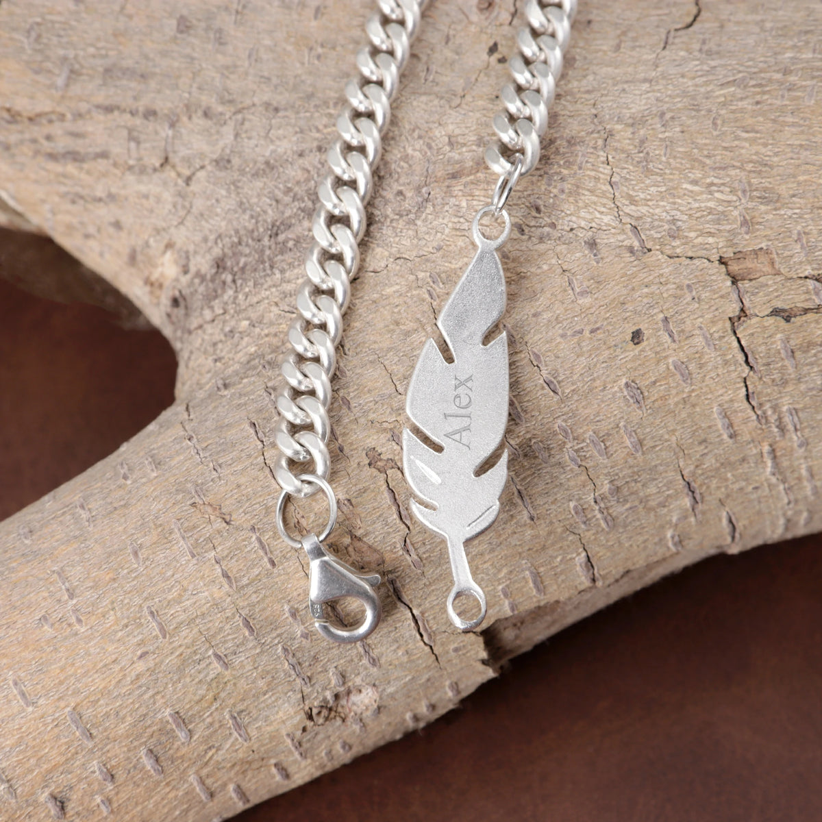 925 Sterling Silver Feather Curb Chain Bracelet With Custom Engravable Clasp Back