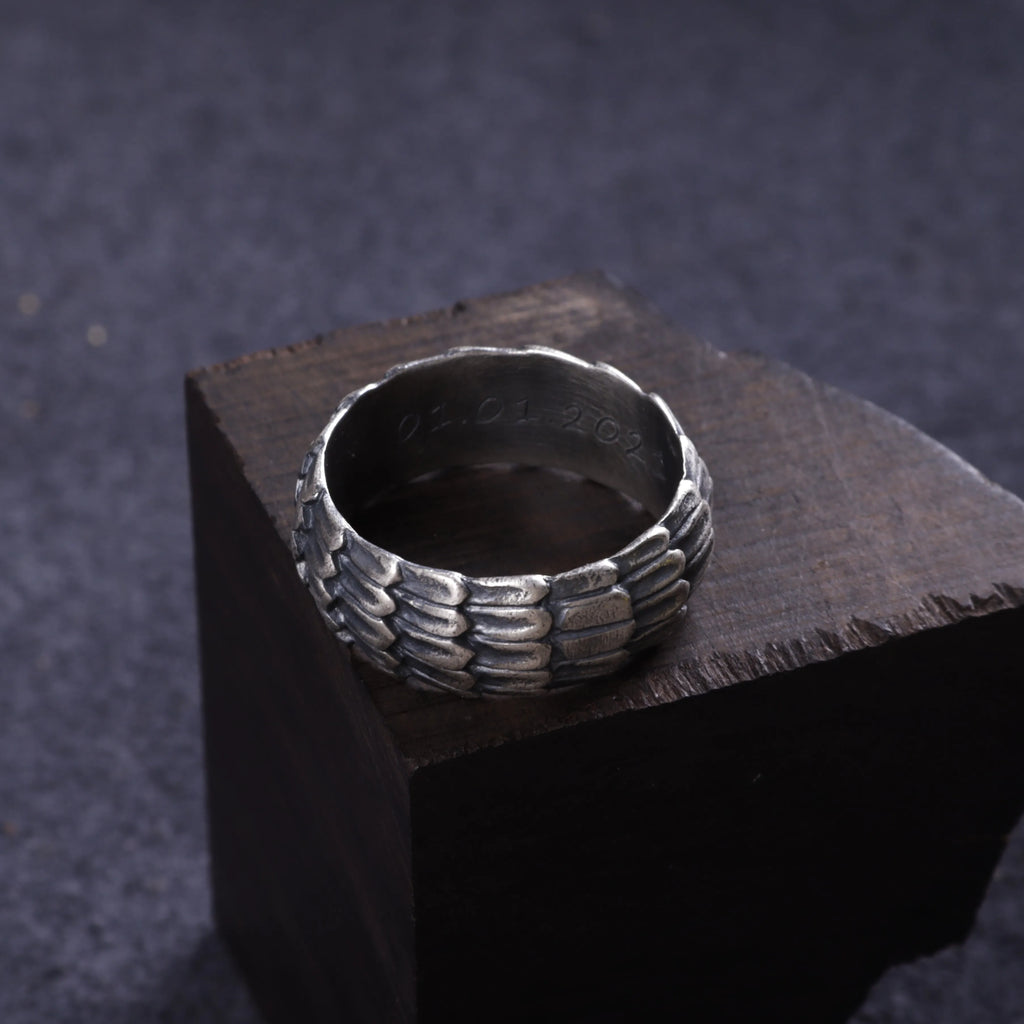 Men's Dragon Scale Ring, Personalized 925 Sterling Silver Band for Men, Custom Engraved Armor Promise Ring Gift