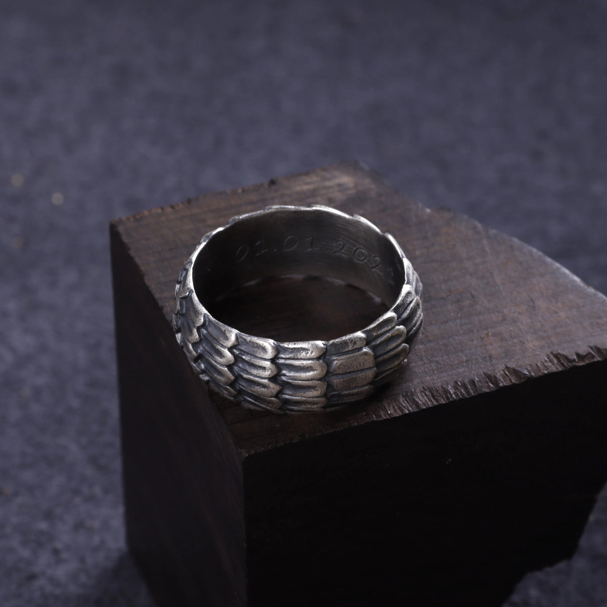 Men's Dragon Scale Ring, Personalized 925 Sterling Silver Band for Men, Custom Engraved Armor Promise Ring Gift