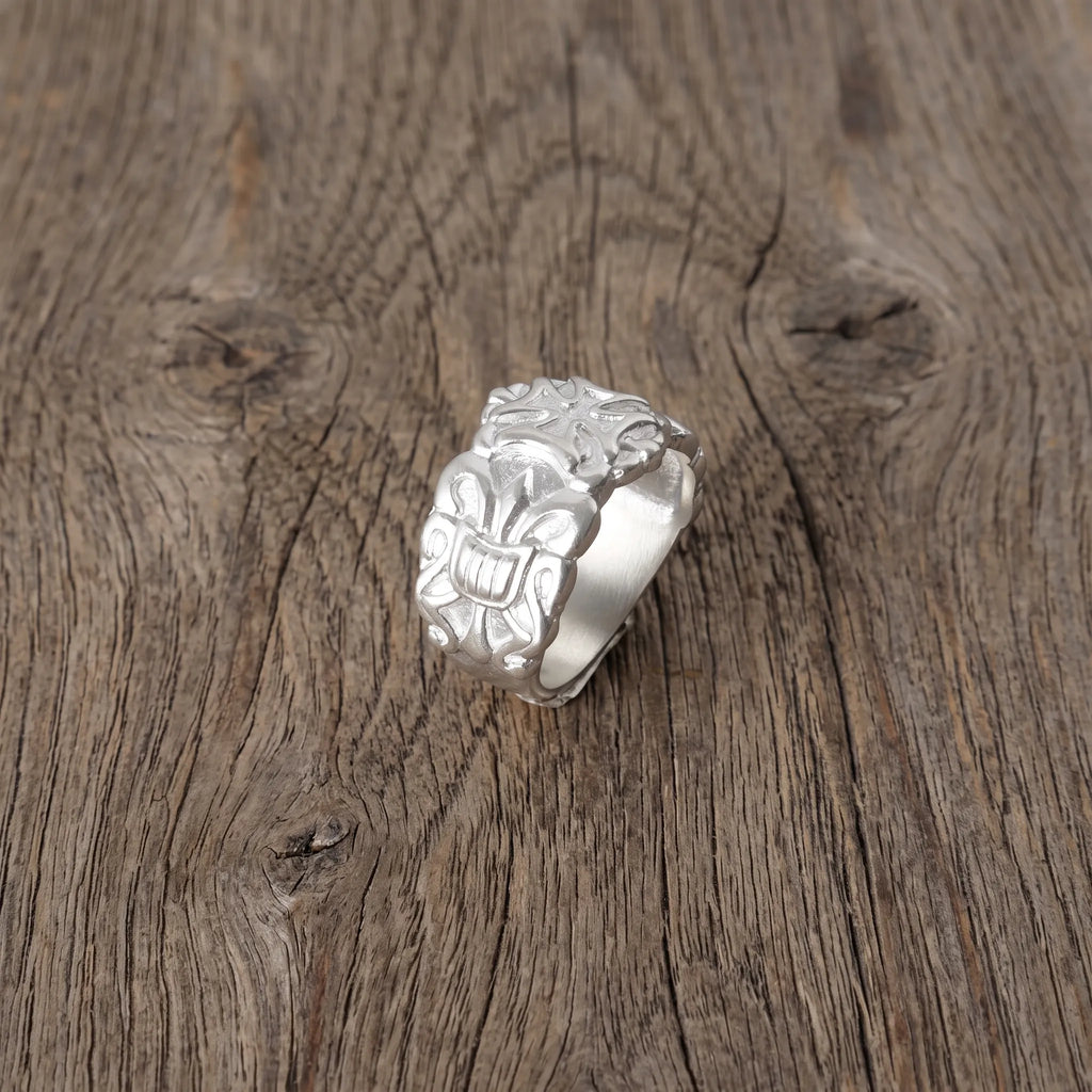 925 Sterling Silver Fleur de Lis Gothic Band, Personalized Biker Promise Ring, Religious Gift for Him
