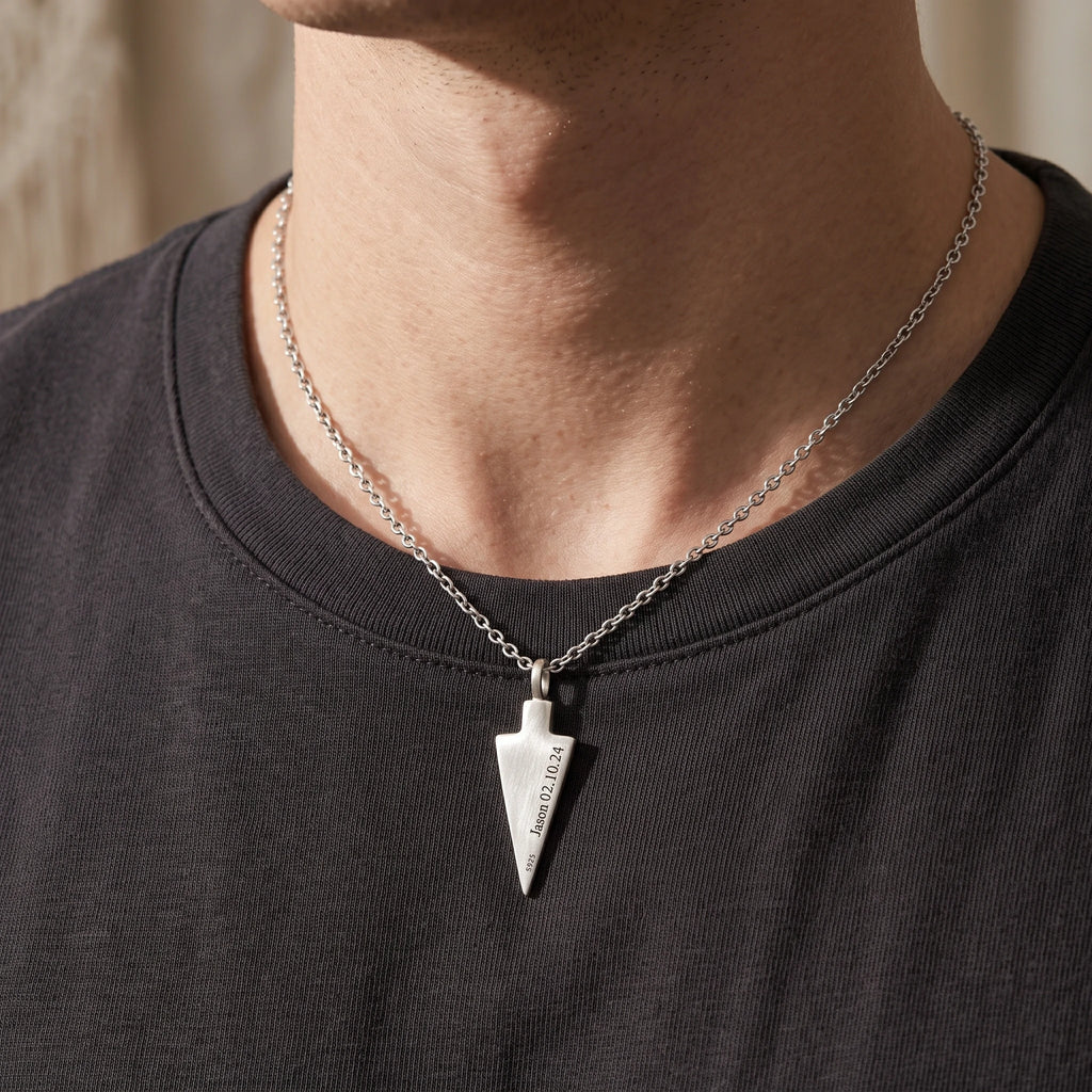Personalized 925 Sterling Silver Arrowhead Pendant Necklace for Men, Engraved Gift