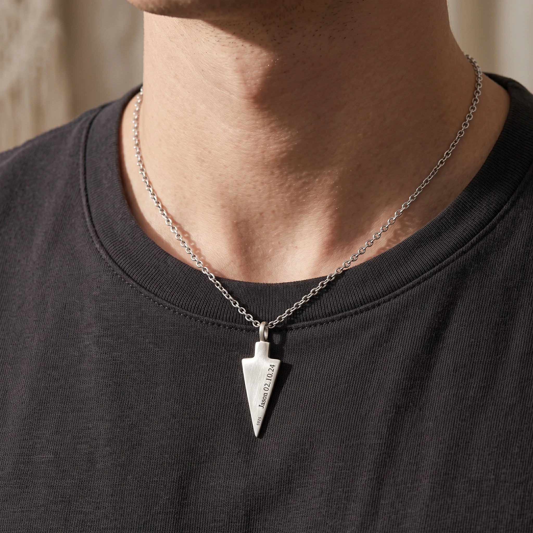 Personalized 925 Sterling Silver Arrowhead Pendant Necklace for Men, Engraved Gift