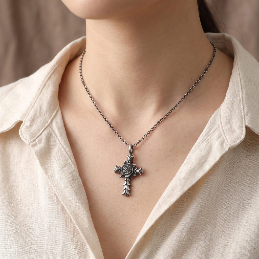 Custom 925 Sterling Silver Rose Cross Pendant Embodying Christs Pure Sacred Grace