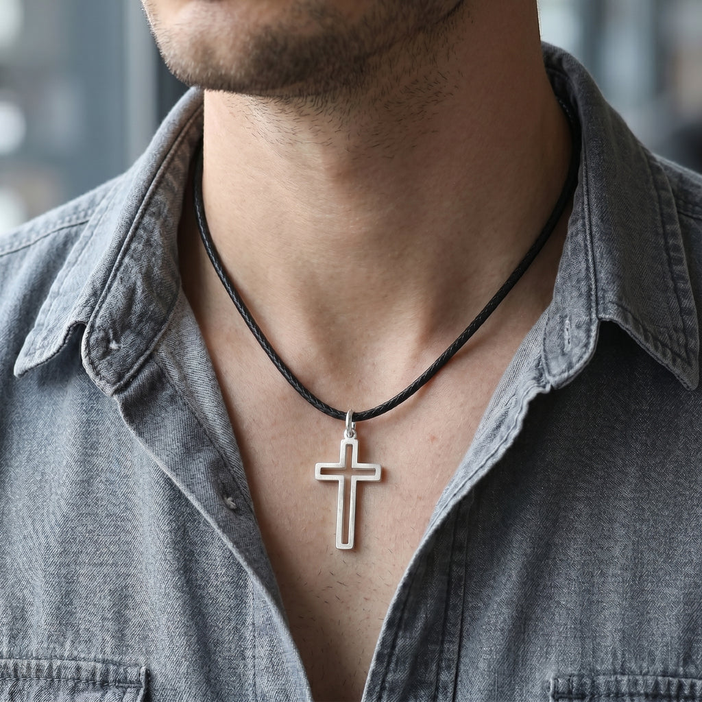 Cutout Cross Pendant Necklace, 925 Sterling Silver Religious Faith Jewelry