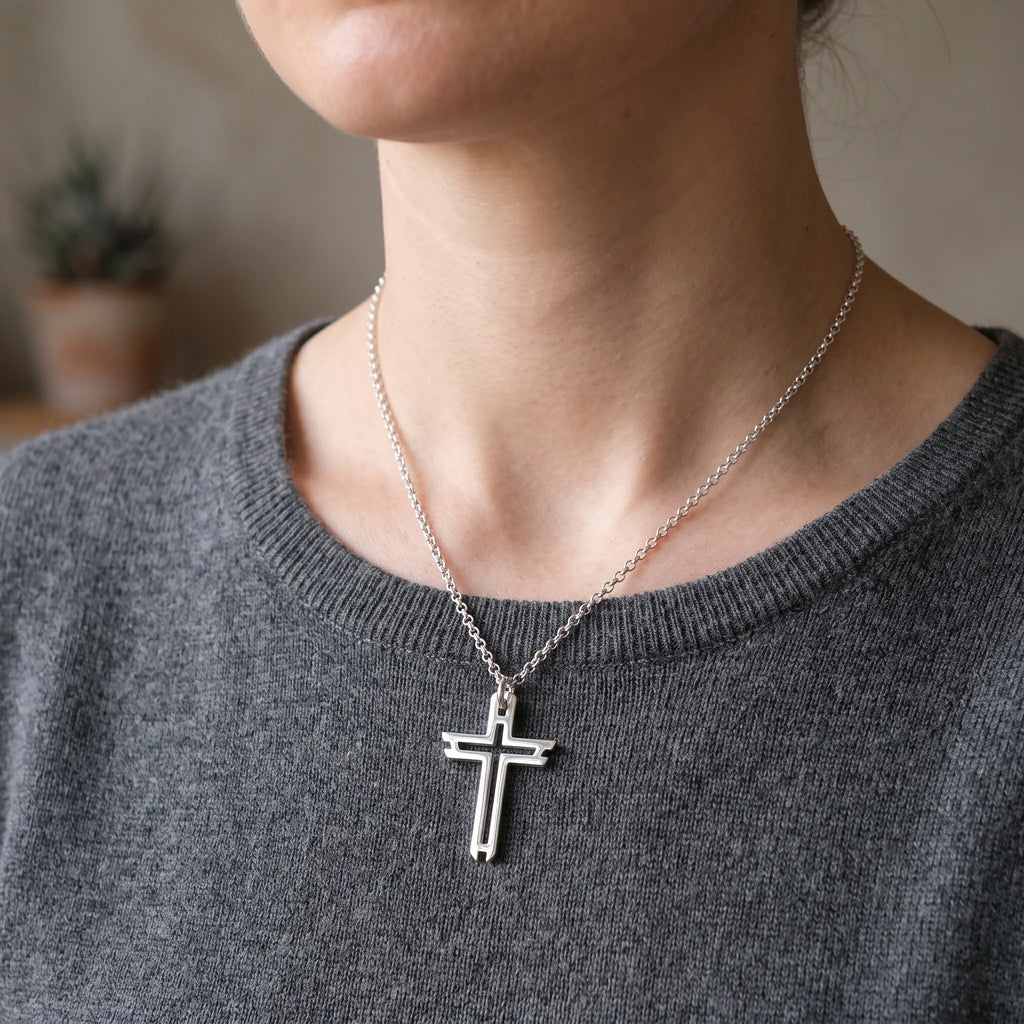 Sacred Path Hollow Cross Pendant, Oxidized 925 Sterling Silver Vintage Faith Amulet Necklace