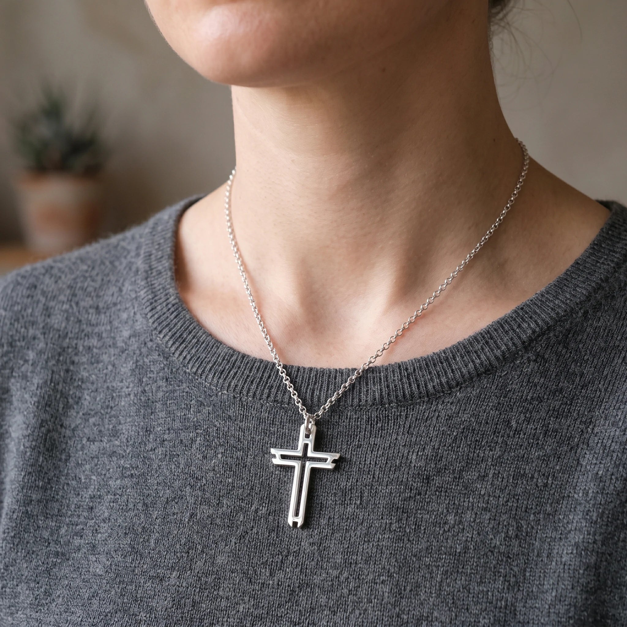 Sacred Path Hollow Cross Pendant, Oxidized 925 Sterling Silver Vintage Faith Amulet Necklace