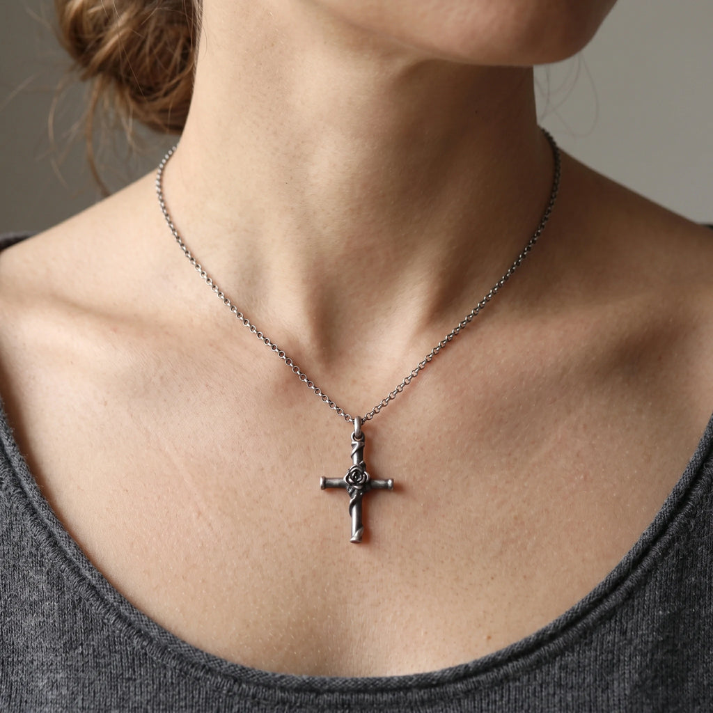 925 Sterling Silver Rose Cross Durable Faith Pendant Necklace Gift for Women