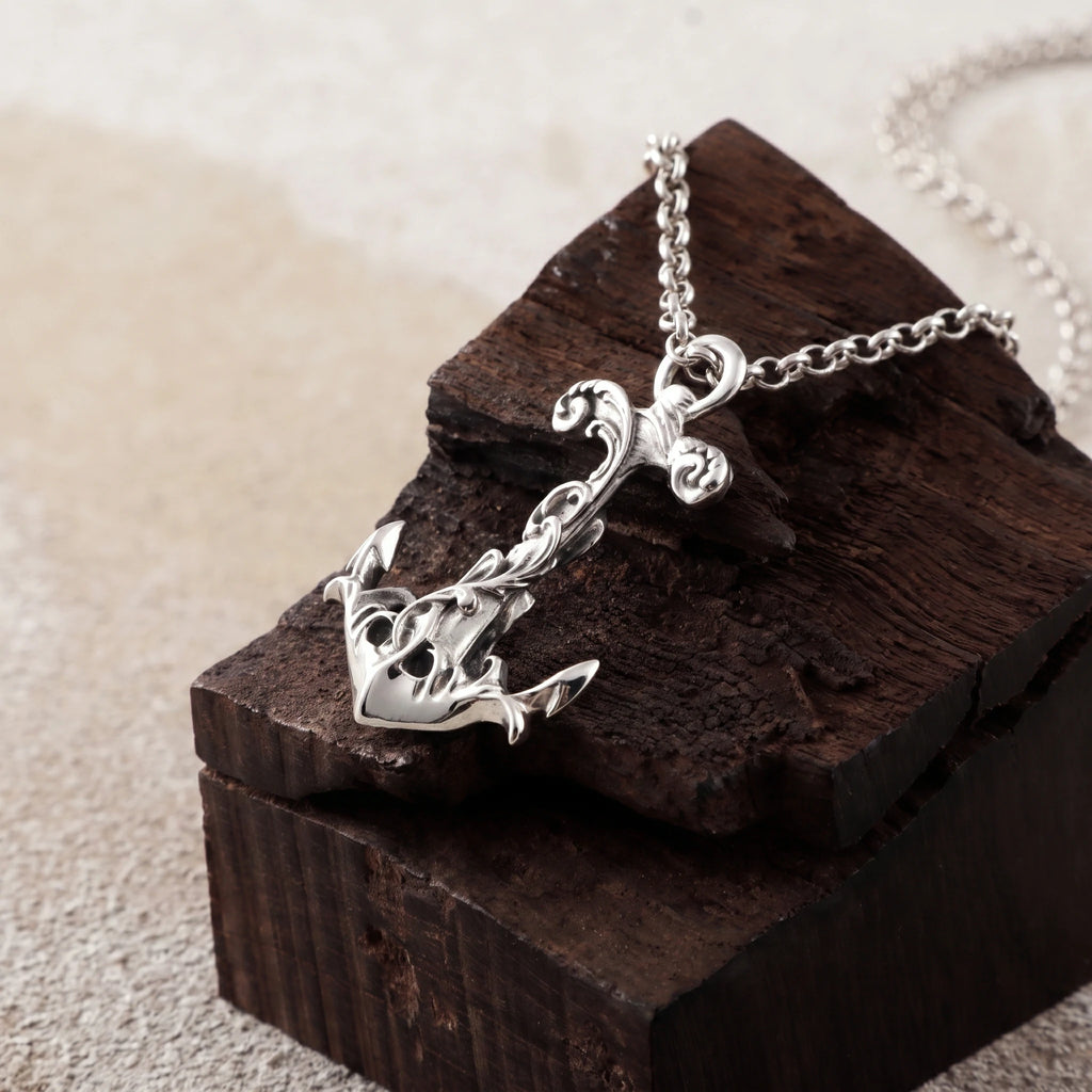 925 Sterling Silver Vintage Anchor Pendant Necklace, Baroque Nautical Sailor Charm Jewelry