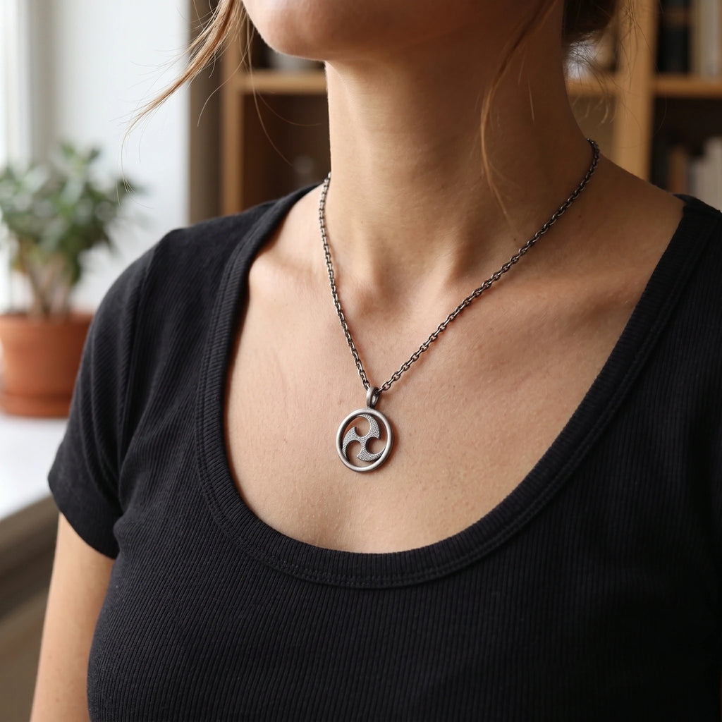 925 Sterling Silver Mitsutomoe Pendant Necklace, Vintage Hammered Tomoe Jewelry