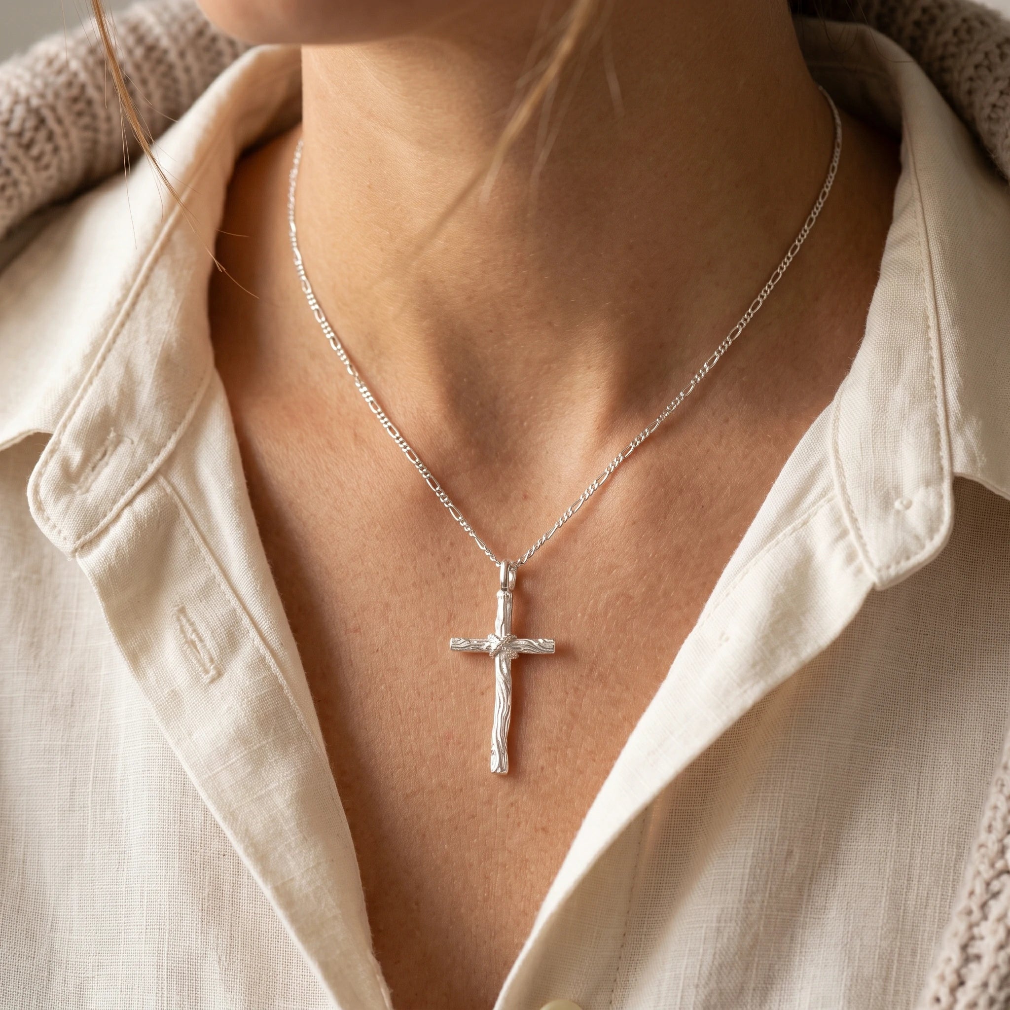 Living Branch Sacred Wood Cross, Textured 925 Sterling Silver Faith Necklace