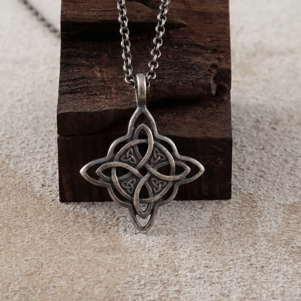 925 Sterling Silver Celtic Knot Pendant Necklace, Vintage Witch Knot Amulet Jewelry