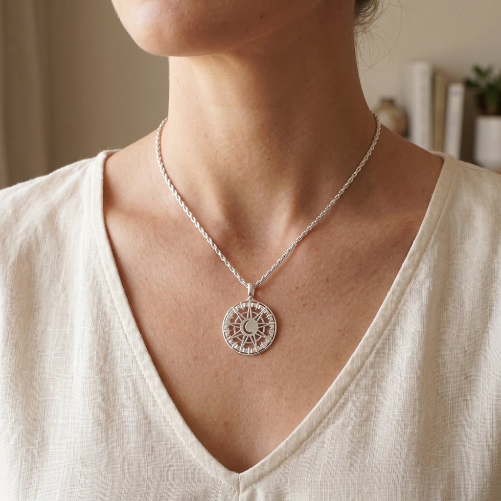 925 Sterling Silver Sun and Moon Pendant Necklace, Celestial Compass Astrolabe Jewelry