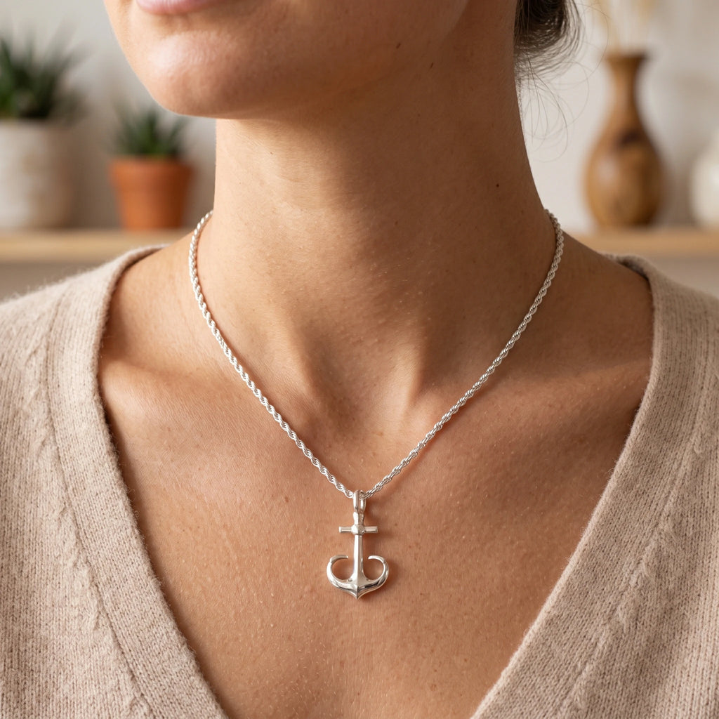 925 Sterling Silver Anchor Necklace, Vintage Nautical Talisman Pendant for Hope & Strength