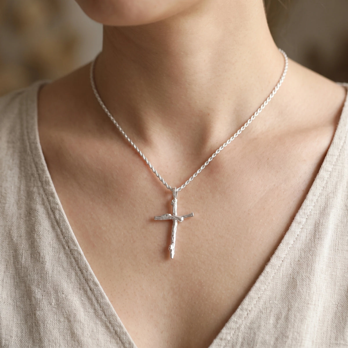 925 Sterling Silver Rugged Branch Cross Pendant Rooted In Divine Grace And Salvation