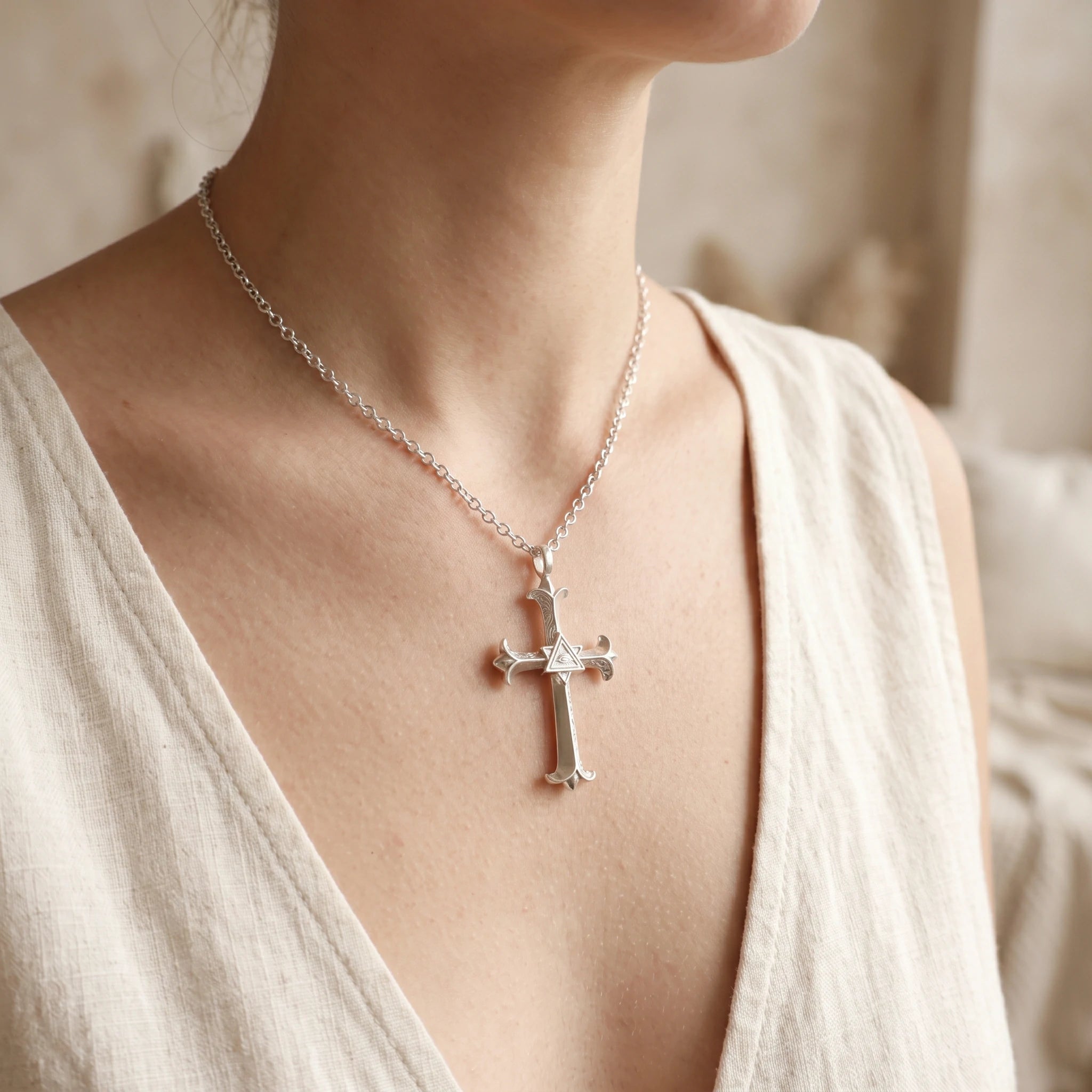Custom 925 Sterling Silver Eye of Providence Cross Pendant for Divine Watchful Grace