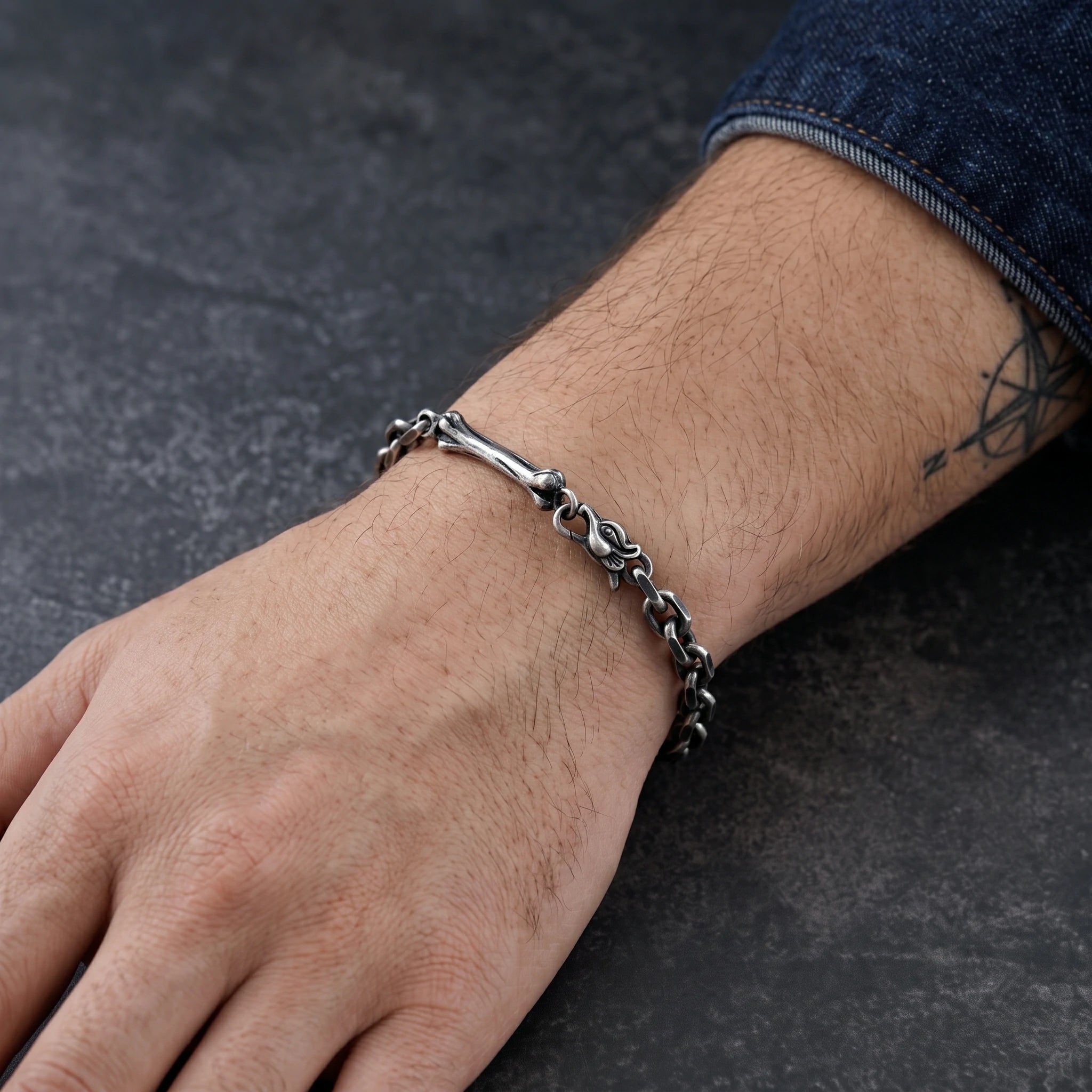Dragon Skeleton Chain Bracelet, 925 Sterling Silver Beast Bone Link Cable Wristband