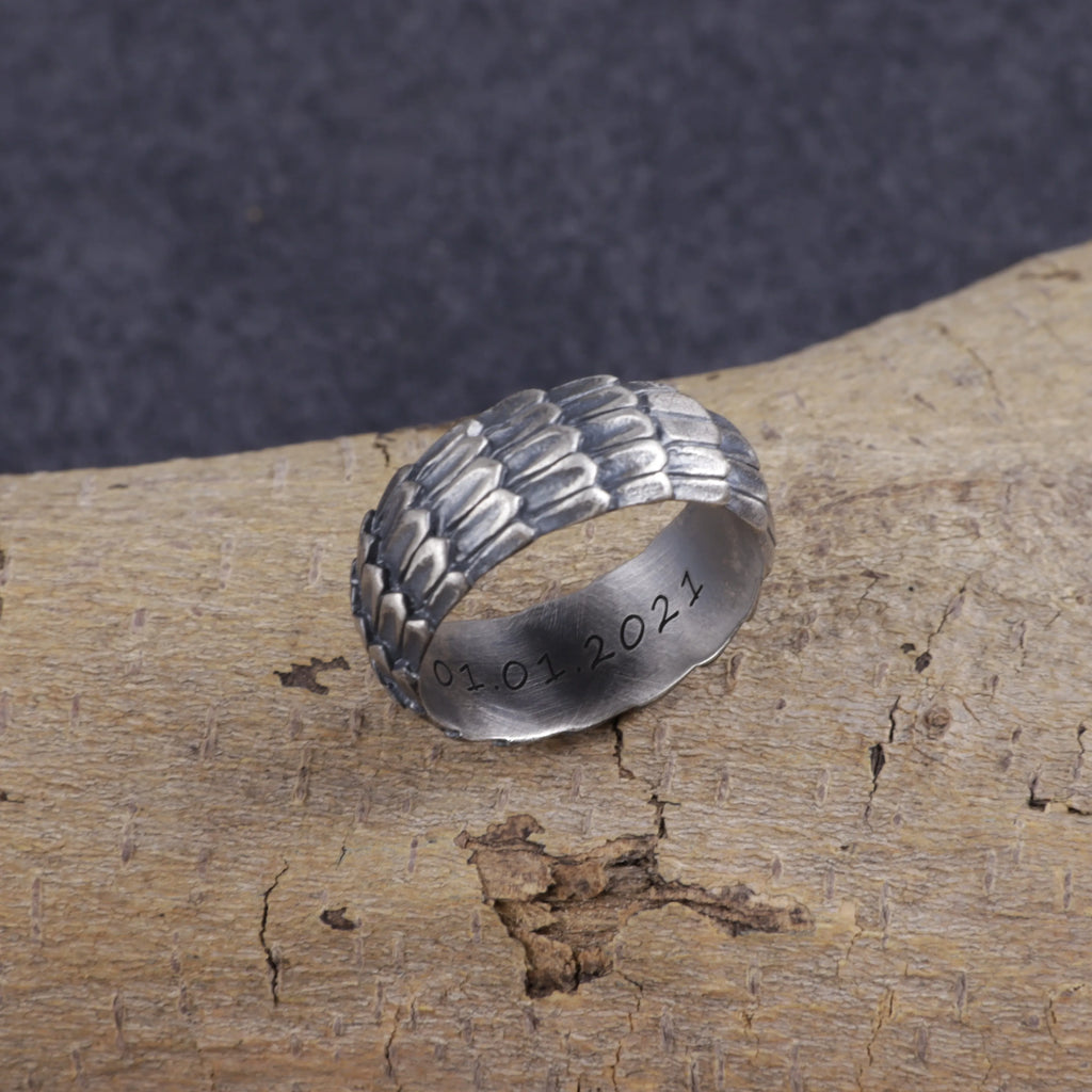 Men's Dragon Scale Ring, Personalized 925 Sterling Silver Band for Men, Custom Engraved Armor Promise Ring Gift