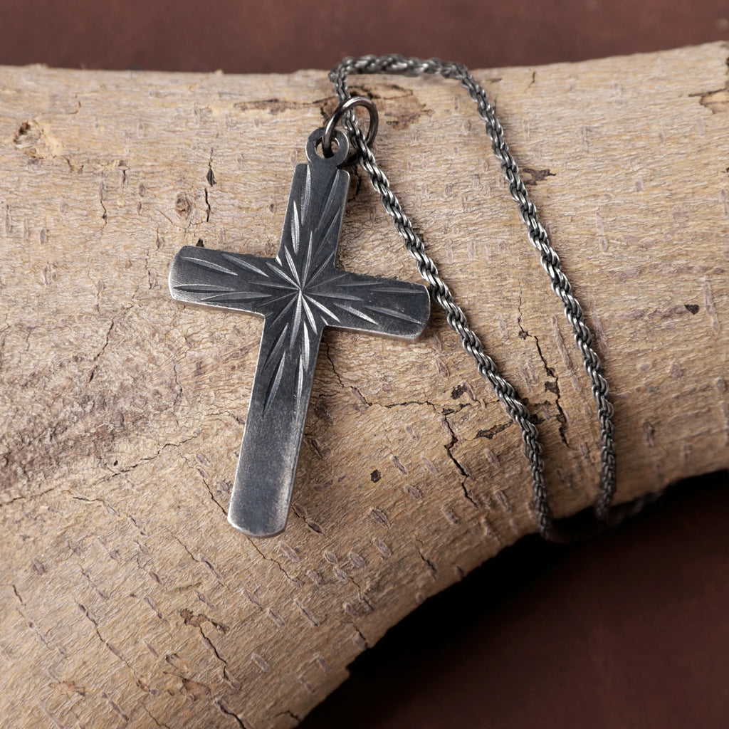 925 Sterling Silver Sunburst Cross Durable Custom Engravable Pendant Necklace
