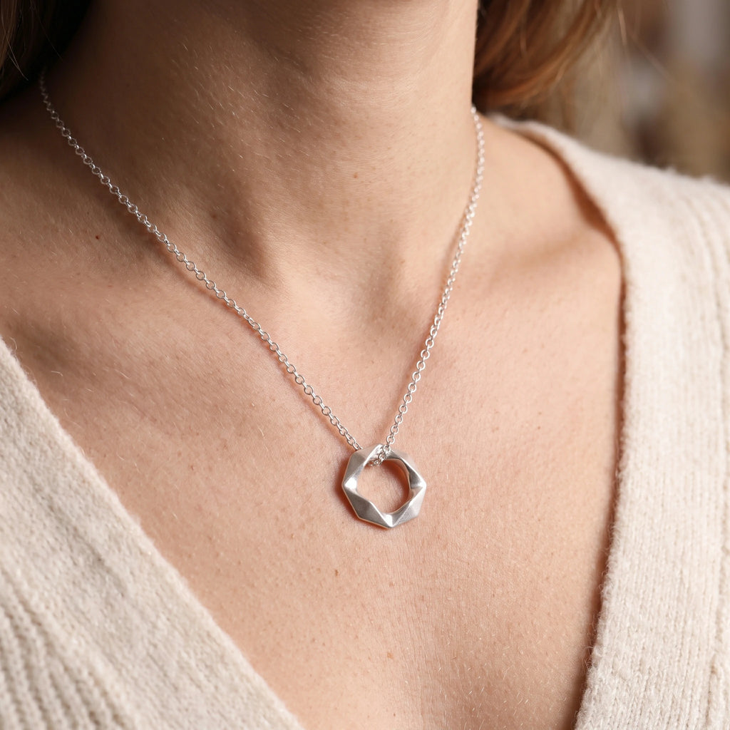 925 Sterling Silver Geometric Faceted Hexagon Pendant Exuding Modern Minimalist Edge