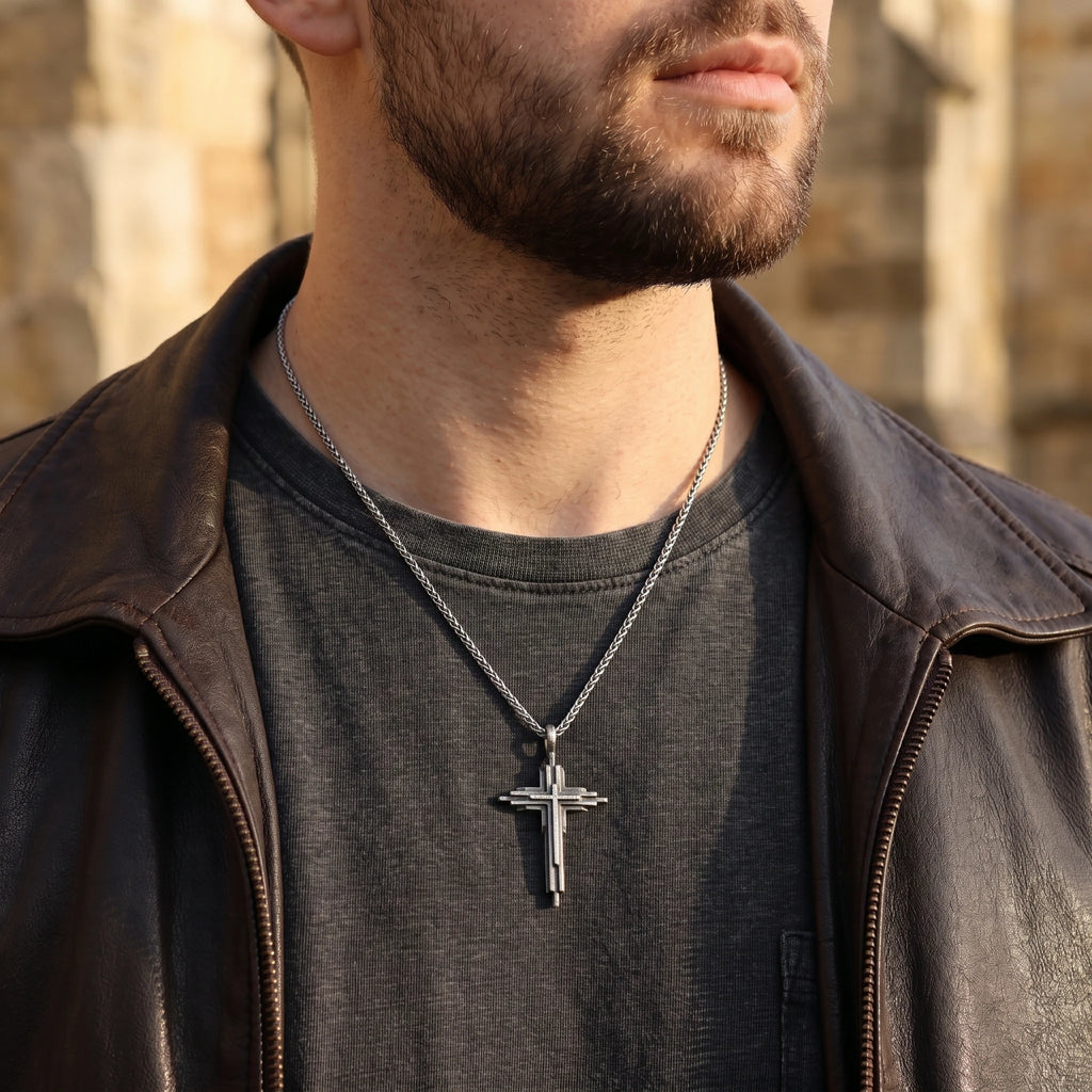 Engraved 925 Sterling Silver Layered Cross Necklace for Sacred Faith & Protection