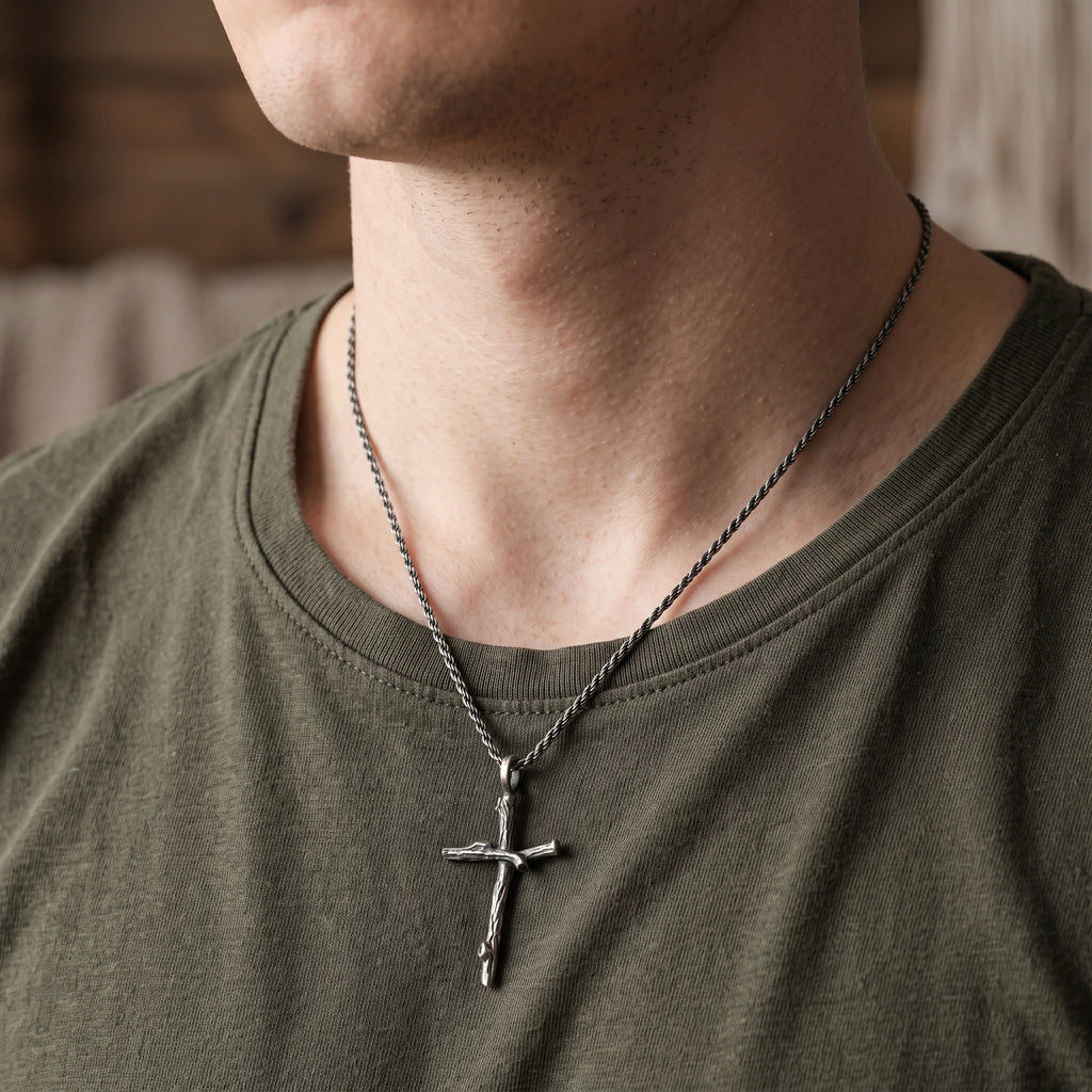 925 Sterling Silver Rugged Branch Cross Pendant Rooted In Divine Grace And Salvation