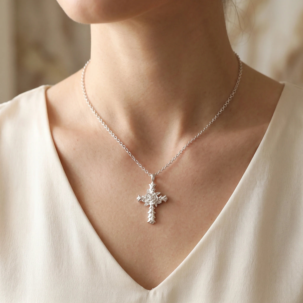 Custom 925 Sterling Silver Rose Cross Pendant Embodying Christs Pure Sacred Grace