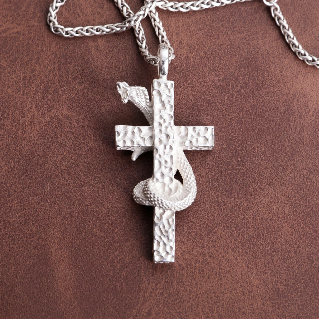 925 Sterling Silver Serpent Cross Pendant Conquering Evil With Divine Healing Faith
